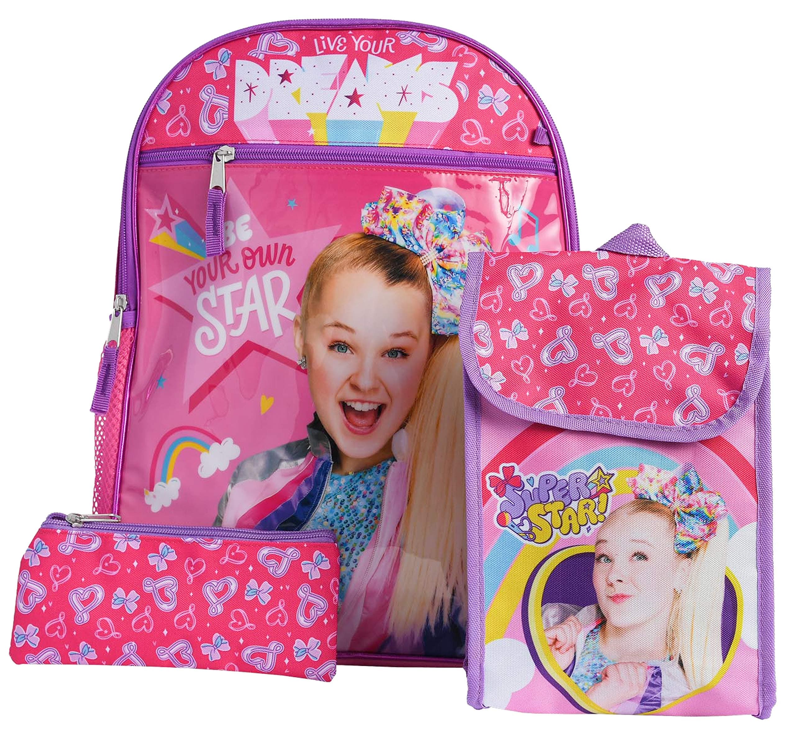 JoJo Siwa 16" Backpack Lunch Bag Pencil Case 3-Piece Set (Stars Bows Print)
