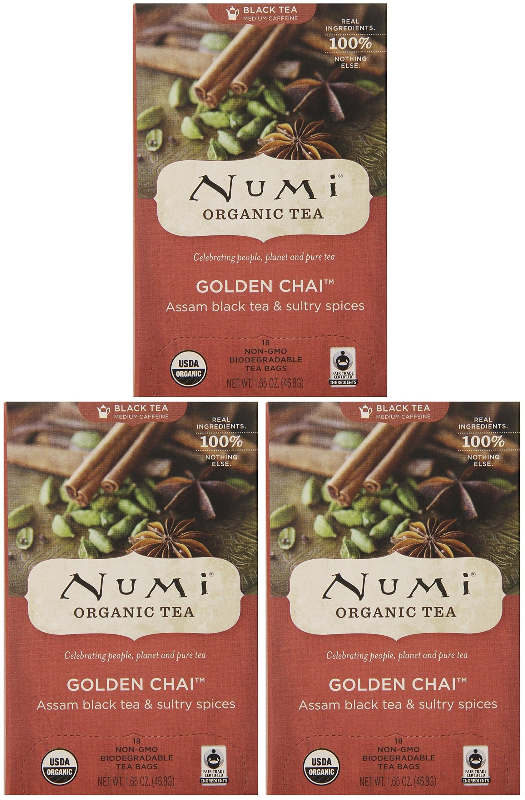 Numi Organic Tea Golden Chai, Full Leaf Black Tea, 54 Tea Bags (3 x 18 Count Boxes)USDA Organic