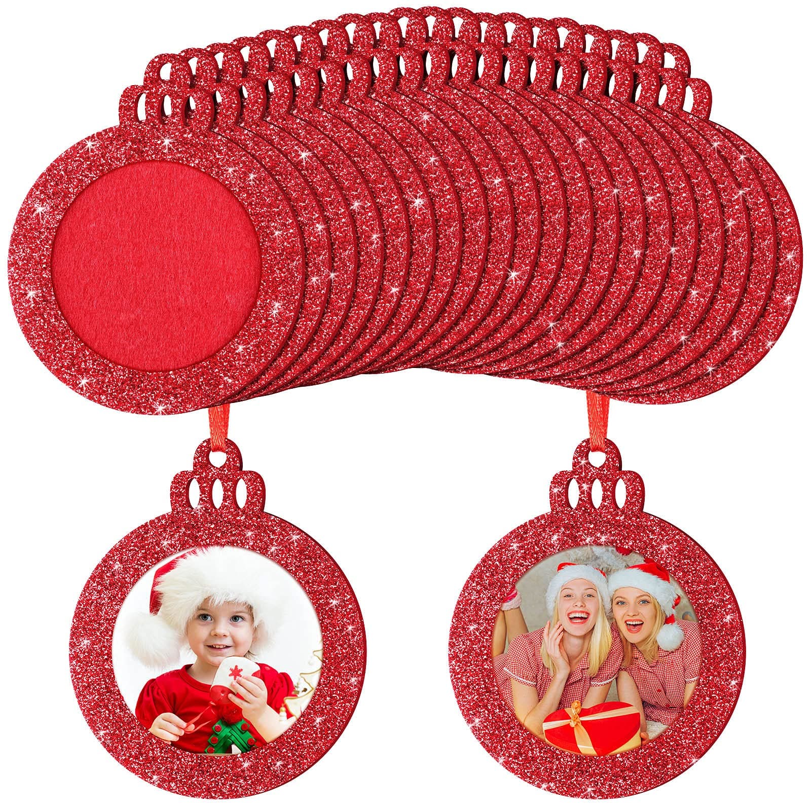 Jetec 20 Pcs Christmas Picture Frame Ornaments Glitter Felt Christmas Photo Frame Xmas Tree Decoration DIY Holiday Hanging Photo Ornaments for Xmas Party Stockings Decorations Winter(Red)