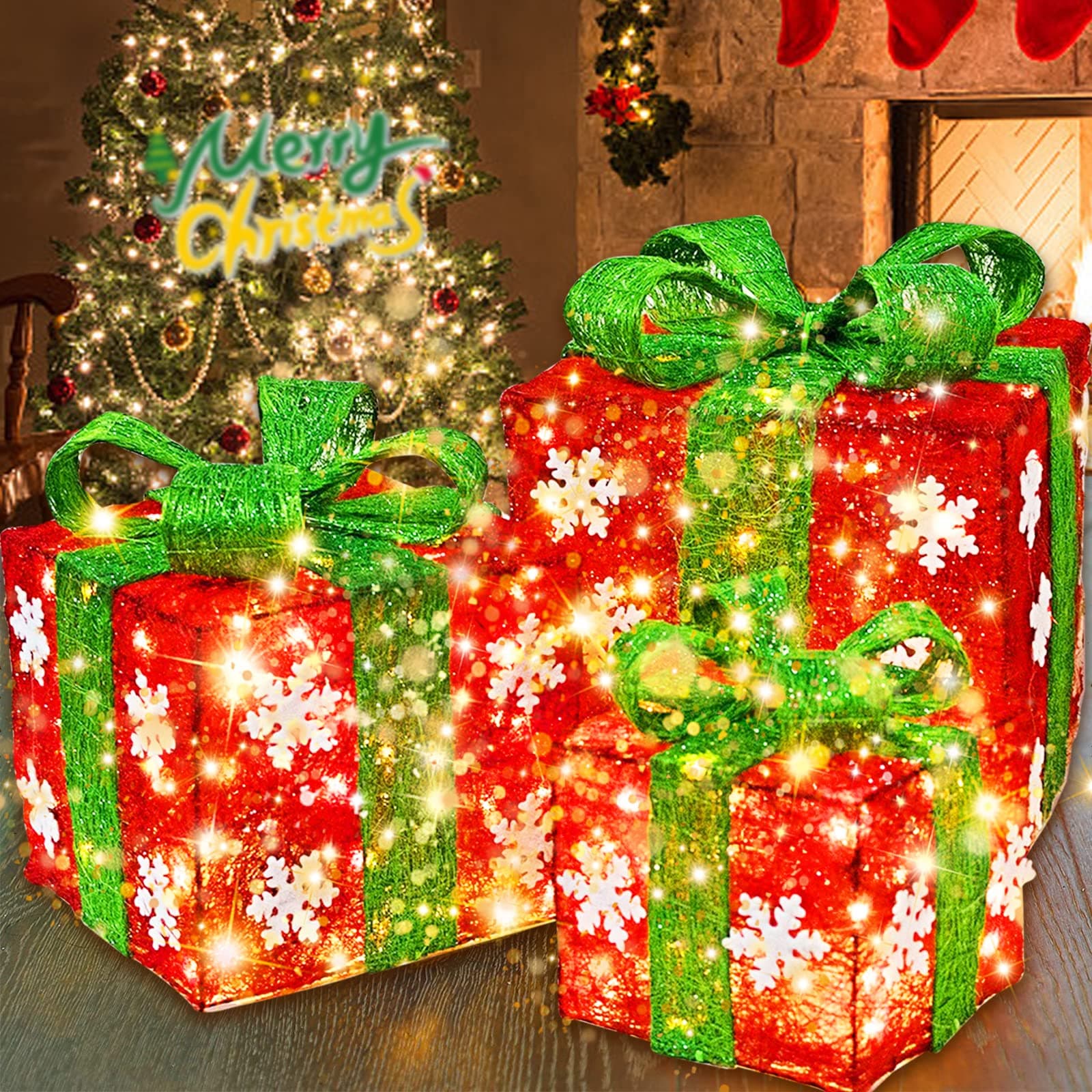 Lighted Christmas Gift Box Set Decor - Set of 3 Christmas Lighted Red Green Gift Box Christmas Decorations Yard/Home Décor Small / Medium / Large