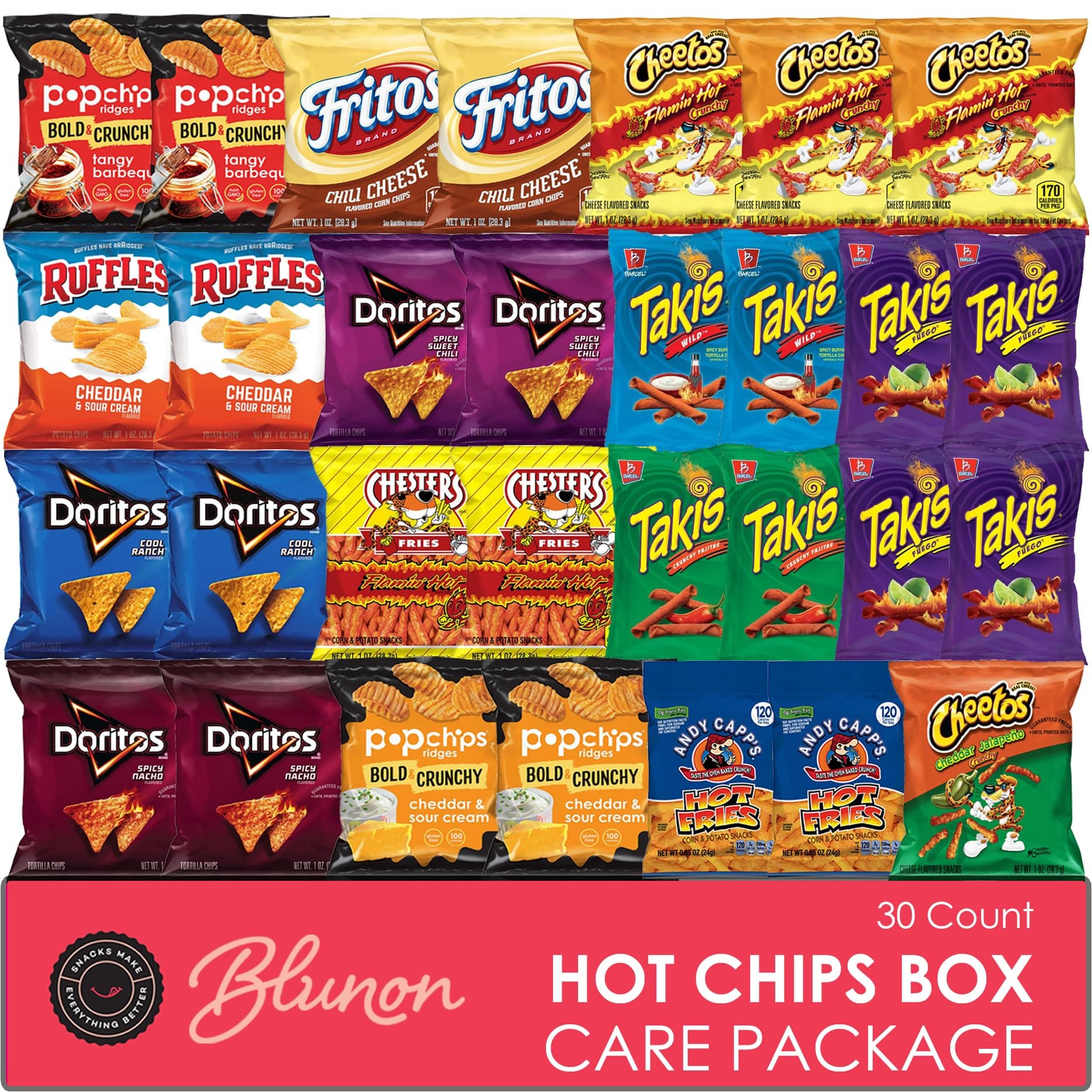 Hot Chips Snacks Variety Pack for Adults - Fiery Spicy Snack Bag Care Package - Gift Box Bulk Assortment (30 pack)