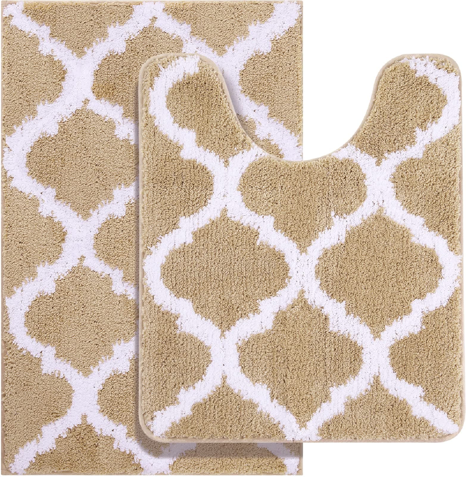 Bathroom Rugs Set 2 Piece, Microfiber Bath Shower Mat and U-Shaped Toilet Rug, Machine Wash Dry, Non-Slip Absorbent Shaggy Bath Mats for Tub, Shower and Bathroom (30"x20"+24"x20", Beige)