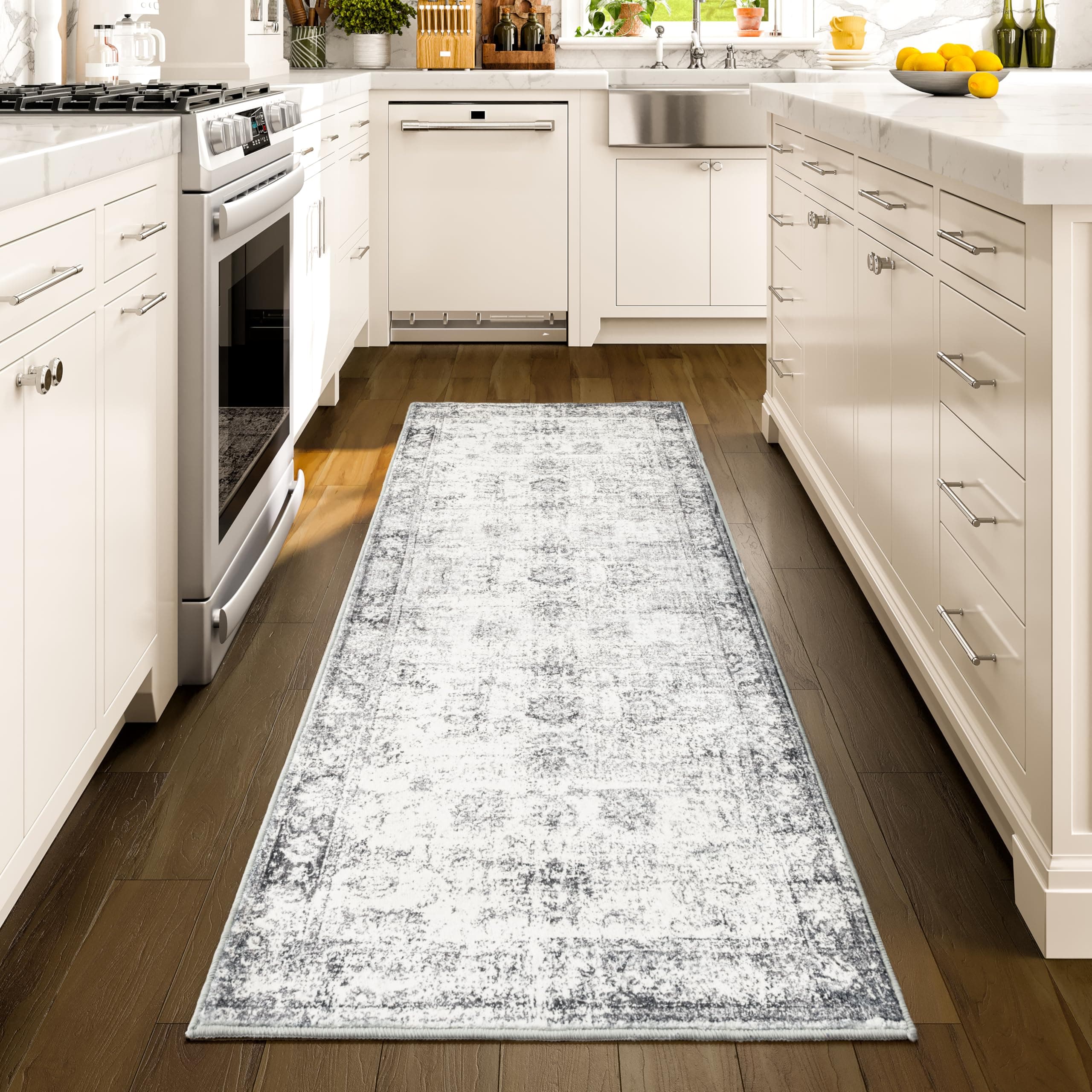Istana Hallway Runner Rug 2x6 - White Cream/Grey Kitchen Rugs Non Slip Washable -Silk's Soft Touch Carpet Runner - Stylish Rug for Home