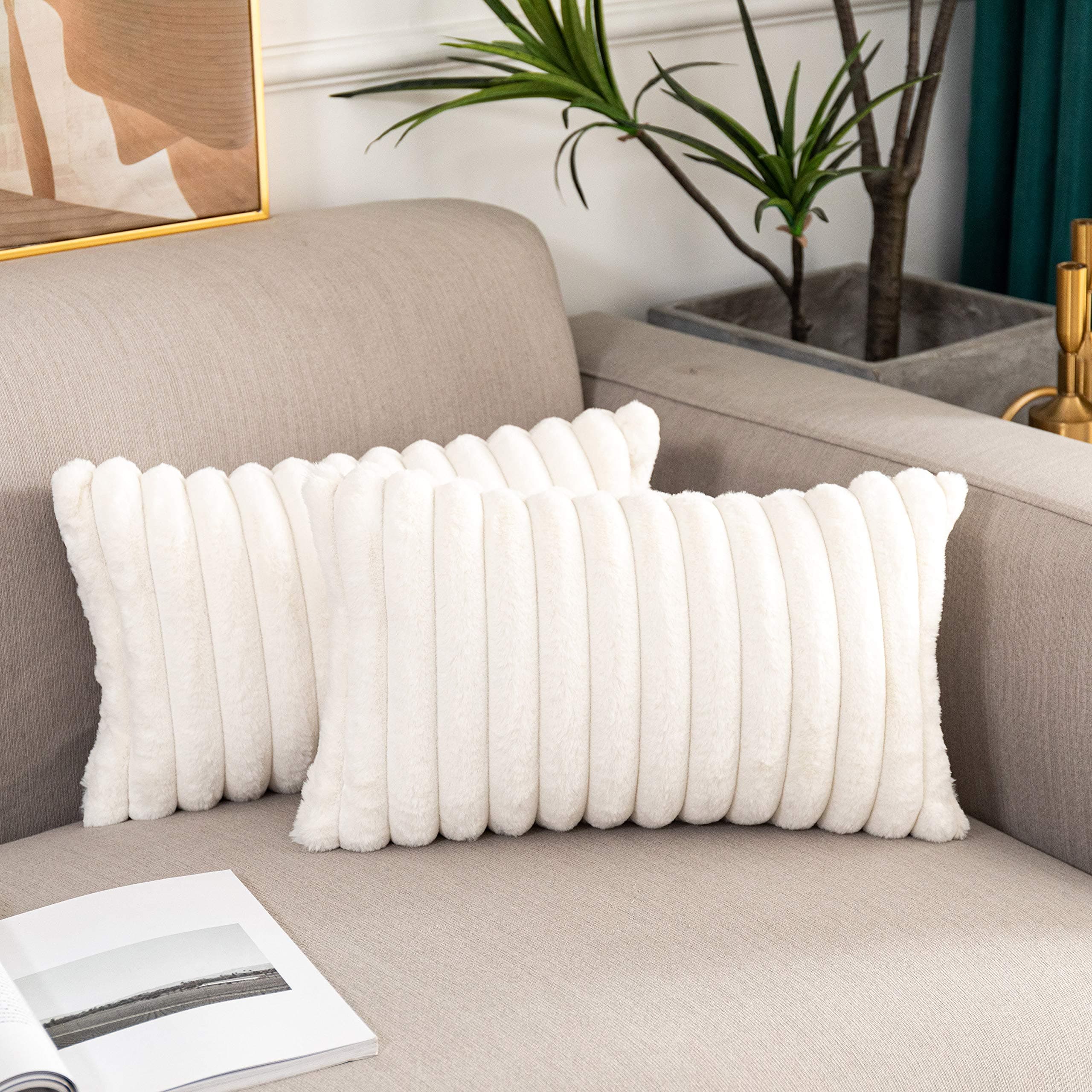 Kevin TextilePillow Covers Ultra Soft Striped Faux Rabbit Fur Cushion Cases for Chair Couch Floor Sofa Living Room, 12"x20"(30x50cm), 2 Pcs, Cream