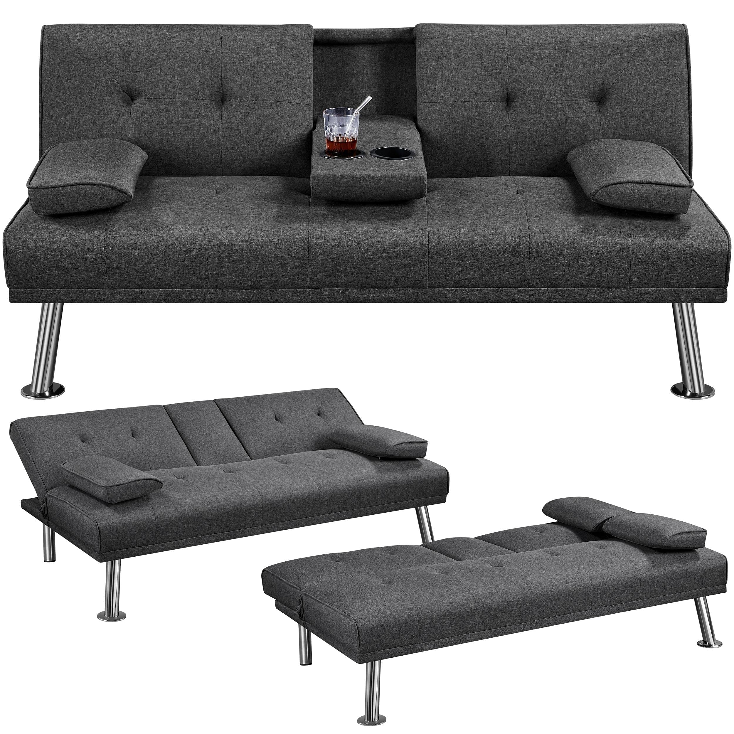 Yaheetech Sofa Bed Fabric Click Clack Sofa Bed with 2 Cup Holders, Convertible Futon Settee, Futon Recliner Lounge for Living Room, Spare Room, Bedroom, Dark Gray