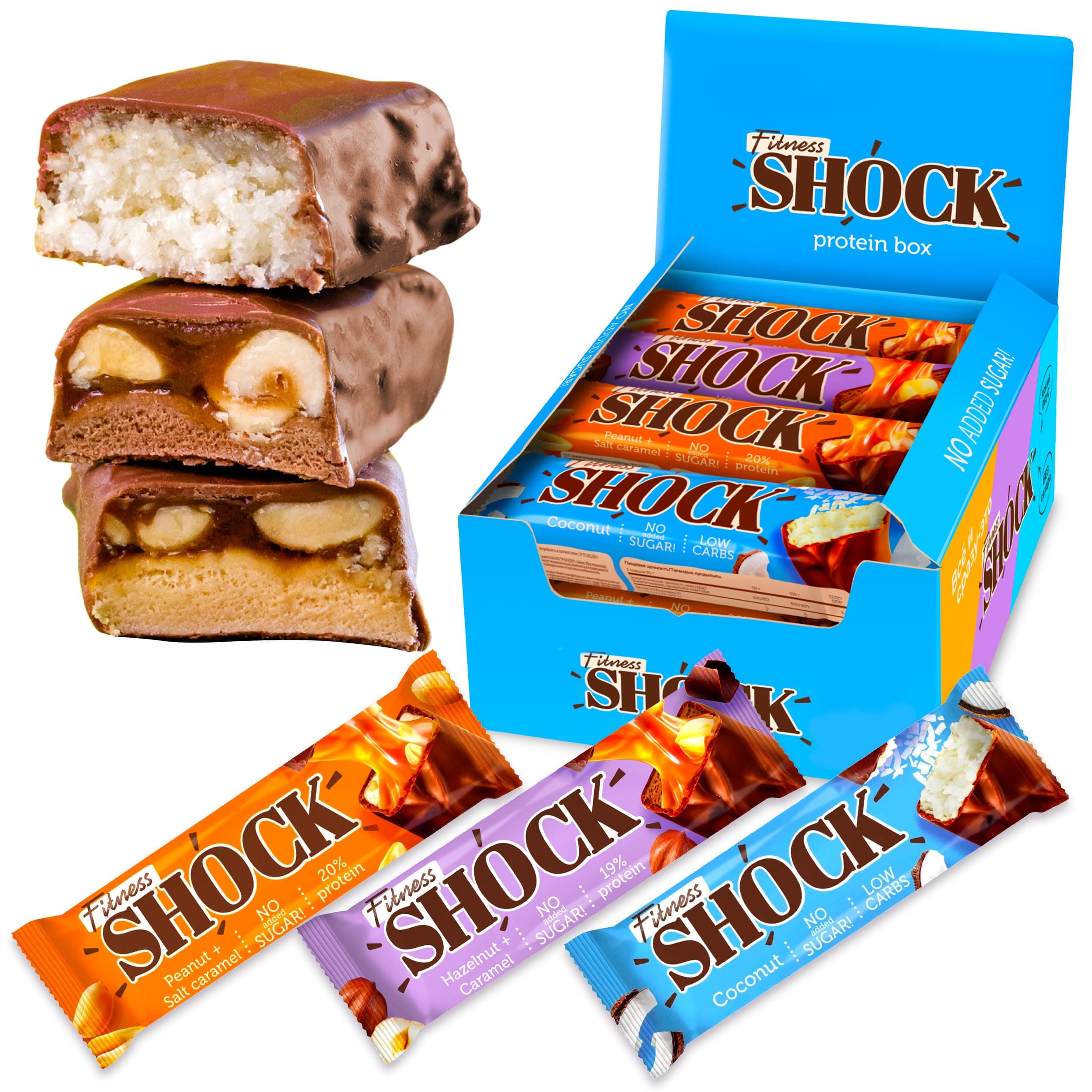 Fitnesshock Protein Bars No Sugar Added, Low Carb, High Fiber Snacks – 3 Delicious Chocolate Flavors | Variety Flavour Box | 12x50g