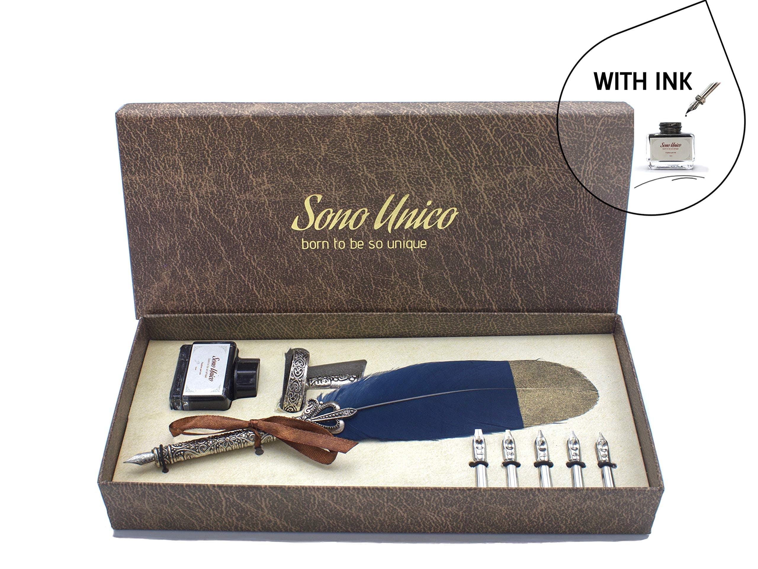 ⭐️Calligraphy Dip Pen-Vintage Calligraphy Quill Set-Antique Pen Holder Kit-Old Fashioned feather- Foutain Pen-Gift Box 260x114mm- black Ink Bottle-Bi Coulour