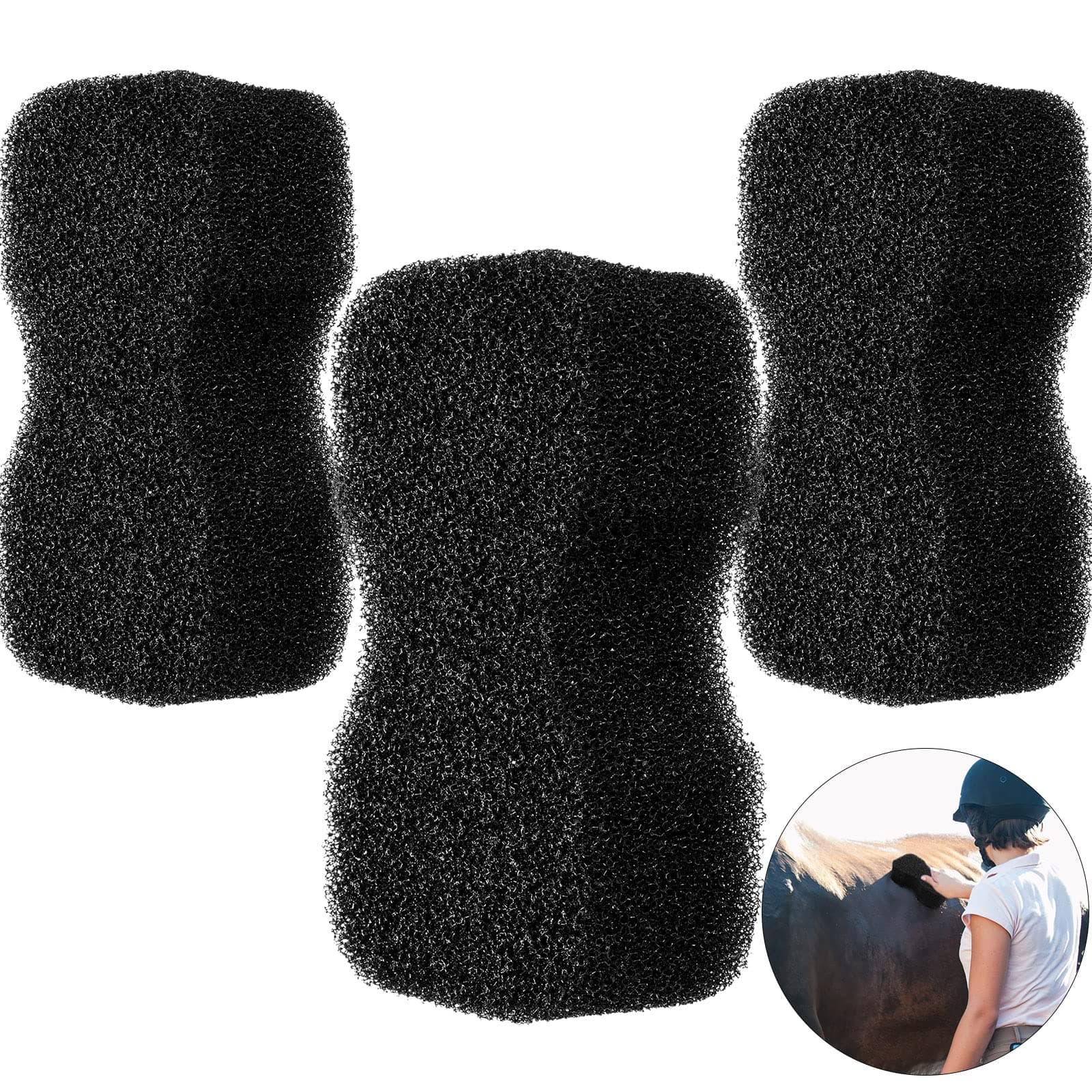 Eaasty 3 Pcs Horse Groomer Sponge Scrubber Pocket Pony Scrubber Massager Horse Grooming Brush Kit Pony Supplies Large Soft Care for Cleaning Washing Bathing, Black, 4.33 x 7.87 x 2.56 Inch