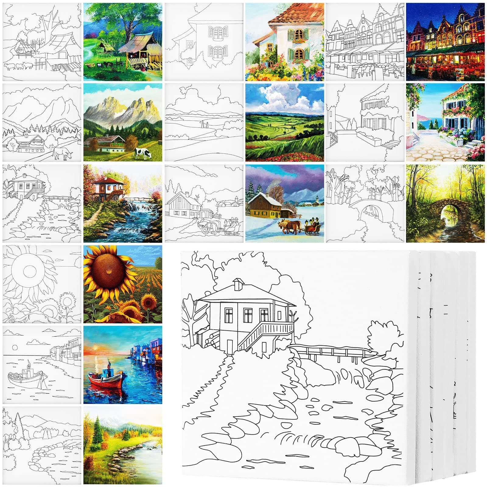 Teling 12 Pcs Pre Drawn Stretched Canvas Kit for Adults - Painting Outline for DIY Party Favor, 6 x 6 x 0.6 Inches (Landscape)