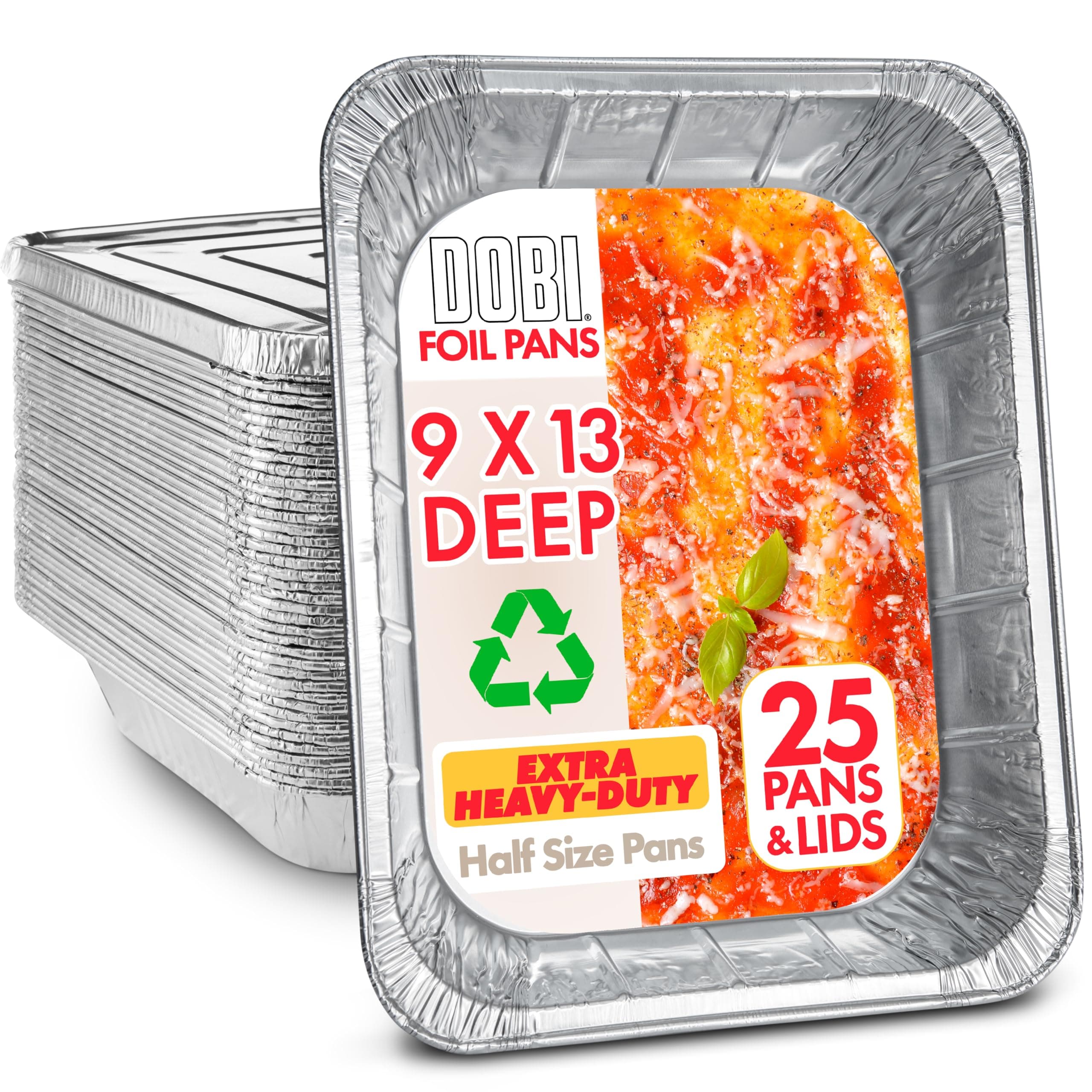 9x13 Foil Pans With Lids (25-Pack) - EXTRA HEAVY DUTY - Deep Half-Size Disposable Aluminum Pans W/Lids. Great for Baking, Cooking, Grilling, Roasting, Serving & Lining Steam-Table Trays/Chafers