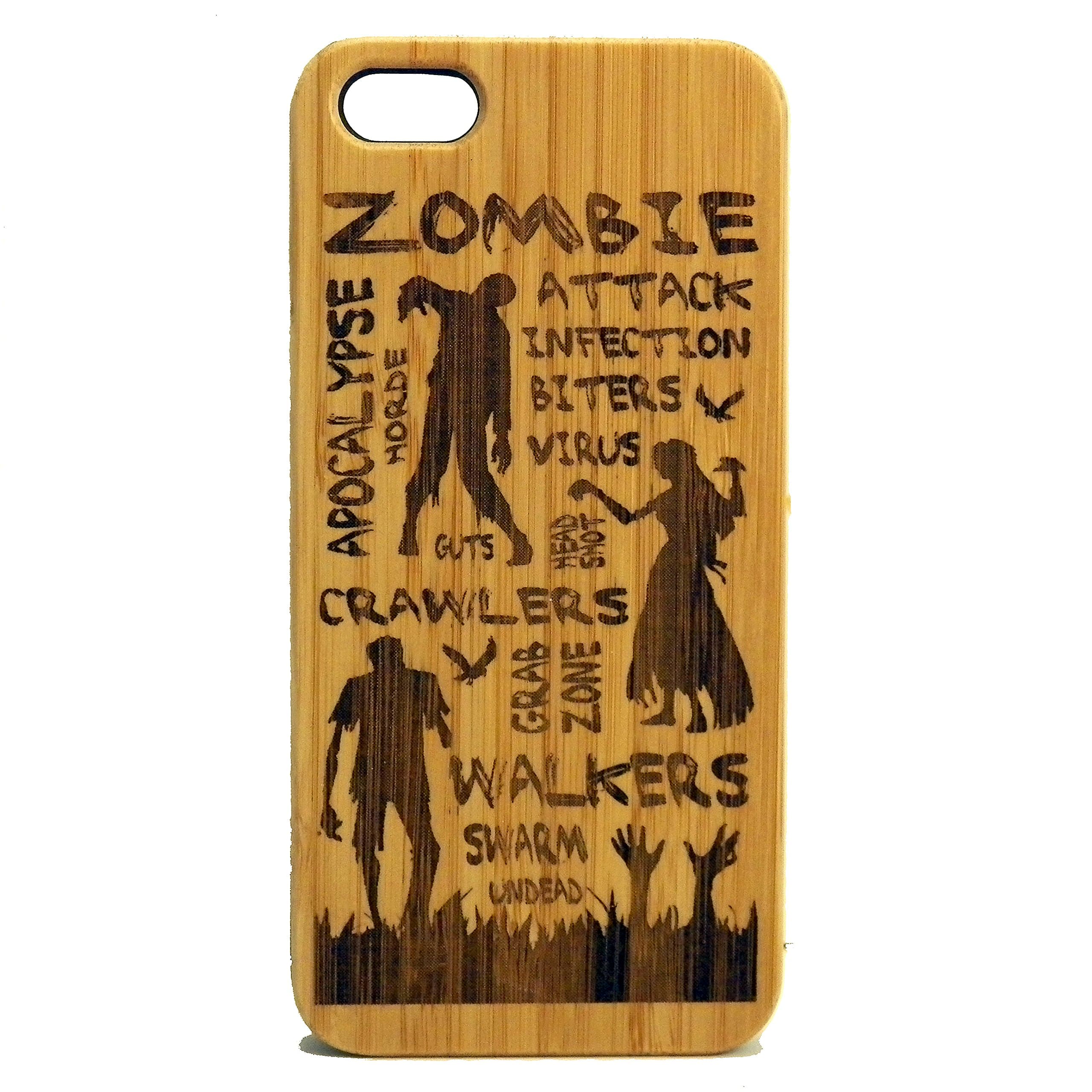 iMakeTheCase Zombie Attack iPhone 5 iPhone 5S or iPhone SE (2016) Wood Case Cover. Apocolypse Dead Walking Ghouls Monster Engraved on Eco-Friendly Bamboo Skin.