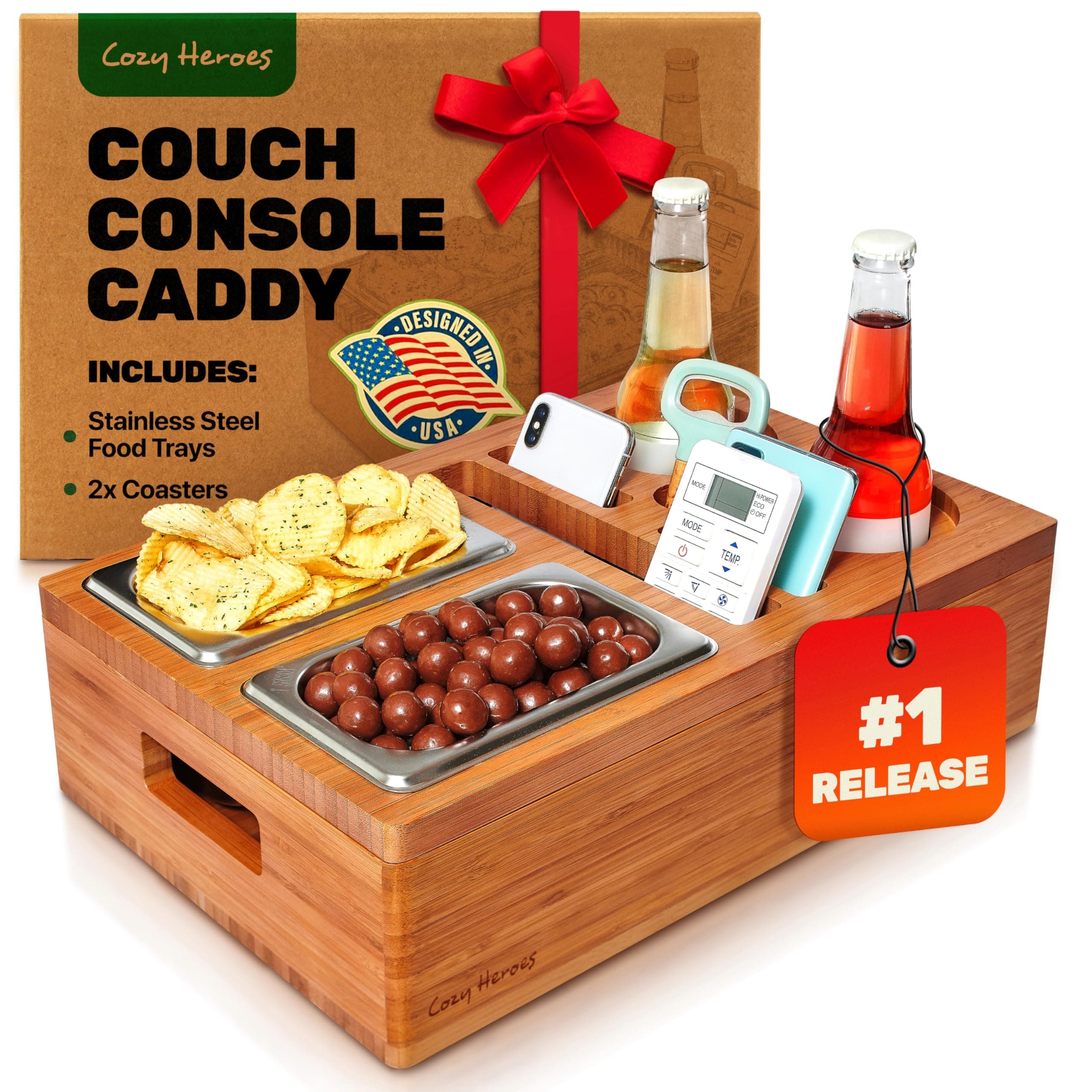 COZY HEROES The Ultimate Movie Night Snack Caddy with Removeable Lid, Drink Holder, Snack Tray, and Tech Organizer for Couch, Sofa, Bed, and TV Lovers