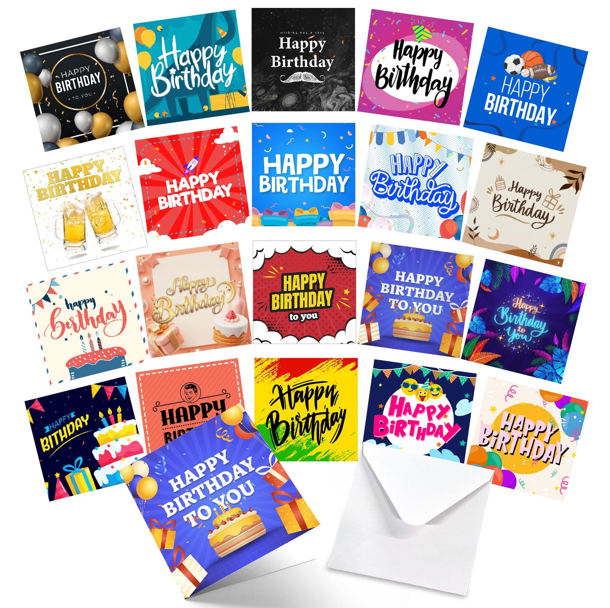 SOL 20pk Birthday Cards for Men Multipack & 20pcs Envelopes - 15x15cm Assorted Men Birthday Card - Thoughtful Messages, Durable, Elegant Designs, Perfect for Special Celebrations and Creating Memories