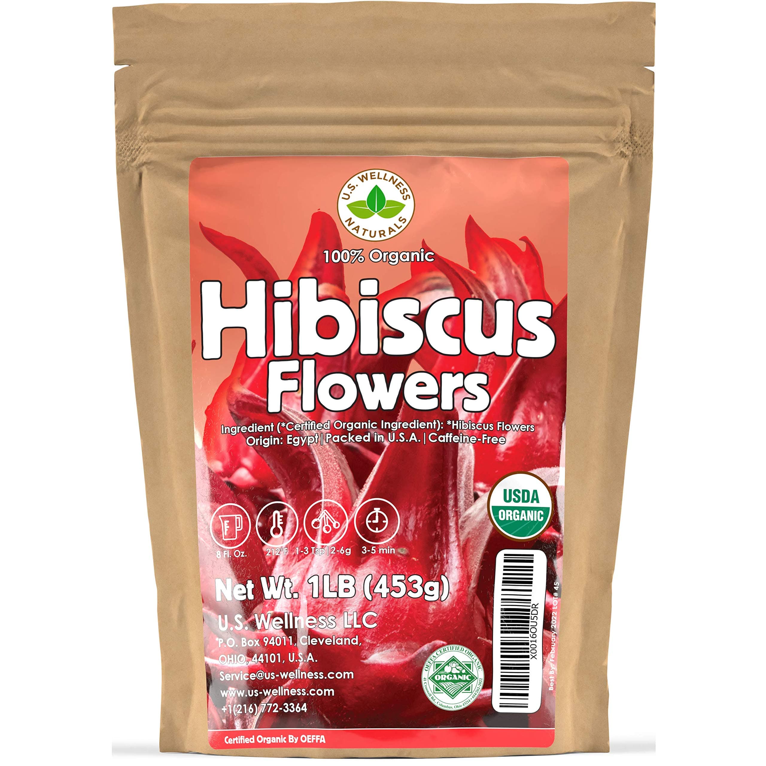Hibiscus Tea 1LB (16Oz) 100% CERTIFIED Organic Hibiscus Flowers Herbal Tea (WHOLE PETALS), Caffeine Free in 1 lbs. Bulk Resealable BPA-free Bags from U.S. Wellness