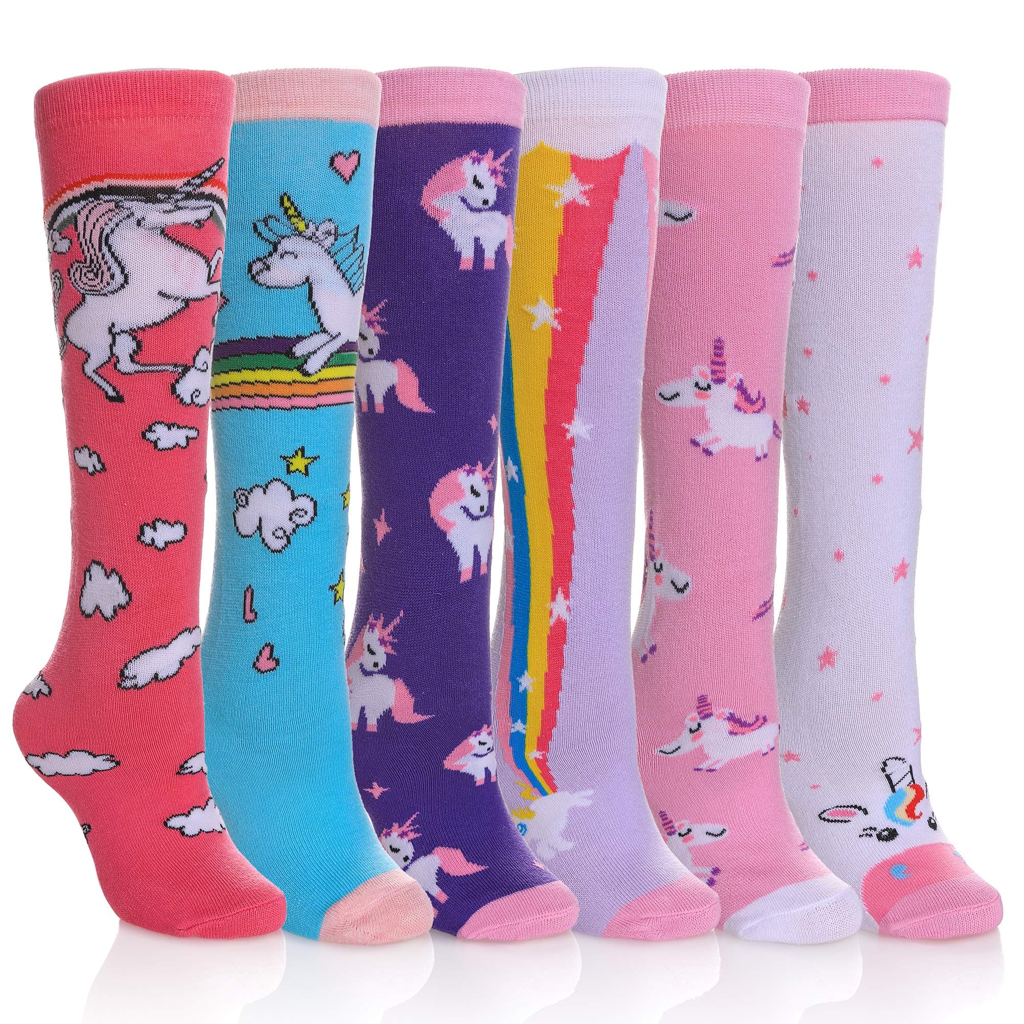 FNOVCO Girls Knee High Socks Kids Crazy Fun Gift Cute Animal Patterns Cotton Long Socks 6 Pairs