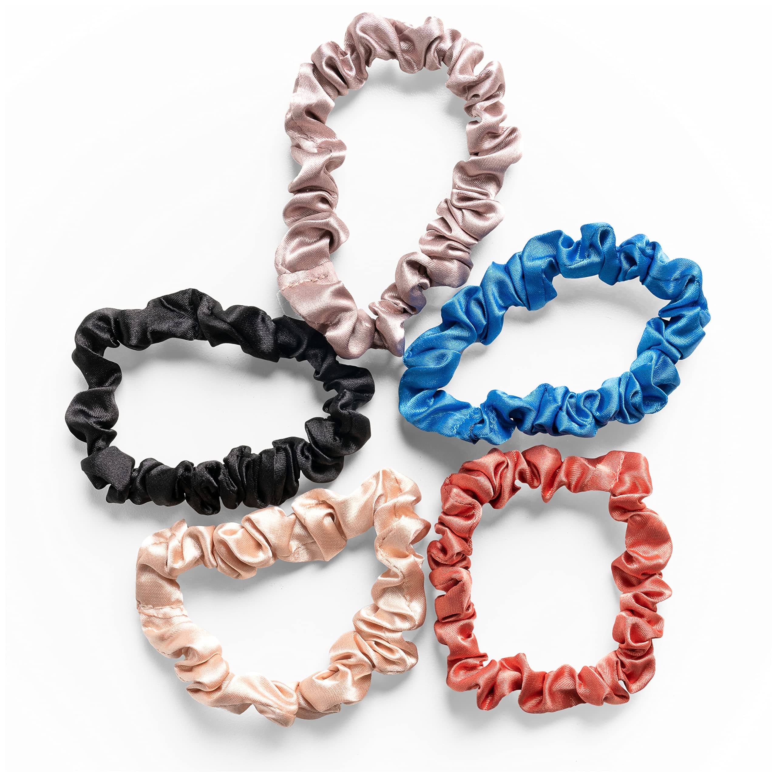 RobeCurls Skinny Scrunch Satin Scrunchies for Women & Kids - No Crease, Frizz Free, Gentle Hair Ties with Storage Ring - Soft Scrunchies Glide Without Snagging for All Hair Types - Multicolor, 5 Pcs