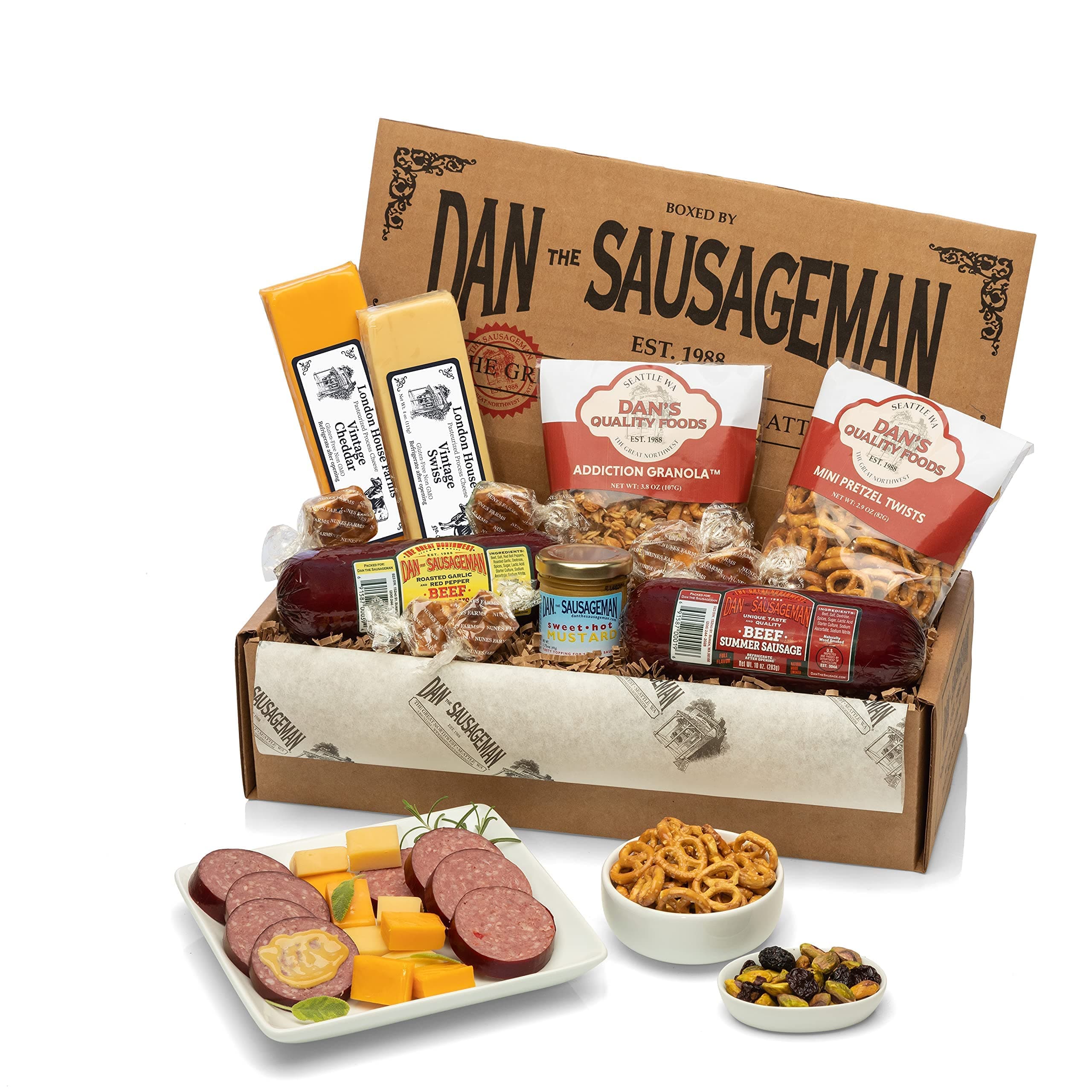 Dan the Sausageman Rainier Gourmet Gift Basket – Original & Garlic Summer Sausages, Sweet Hot Mustard, Pretzels, Almond Roca – 11-Items Holiday Snack Box