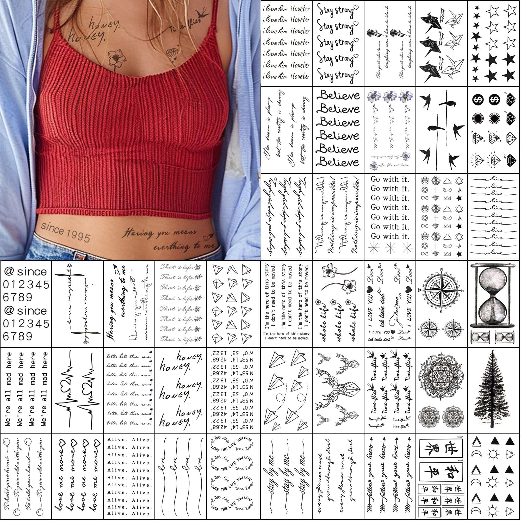 EverjoyRealistic Tiny Temporary Tattoos - 60 Pcs, Waterproof Quotes, Words, Lines, Flowers, Leaves, Artworks for Kids, Adults, Women and Men