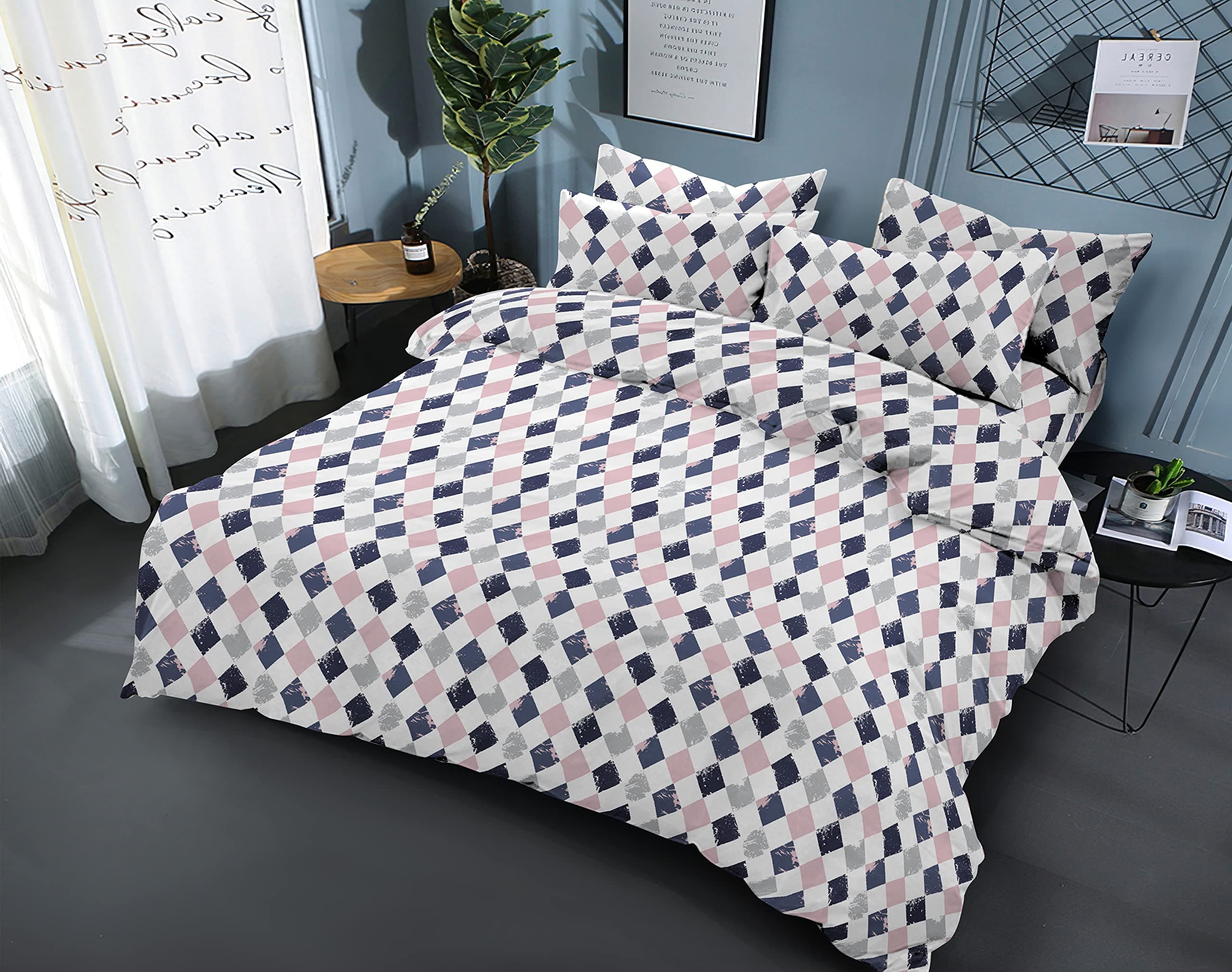 Sleep Well90 GSM Bedsheet with Pillow Case (Blue & Pink Diamond Design, Super King)