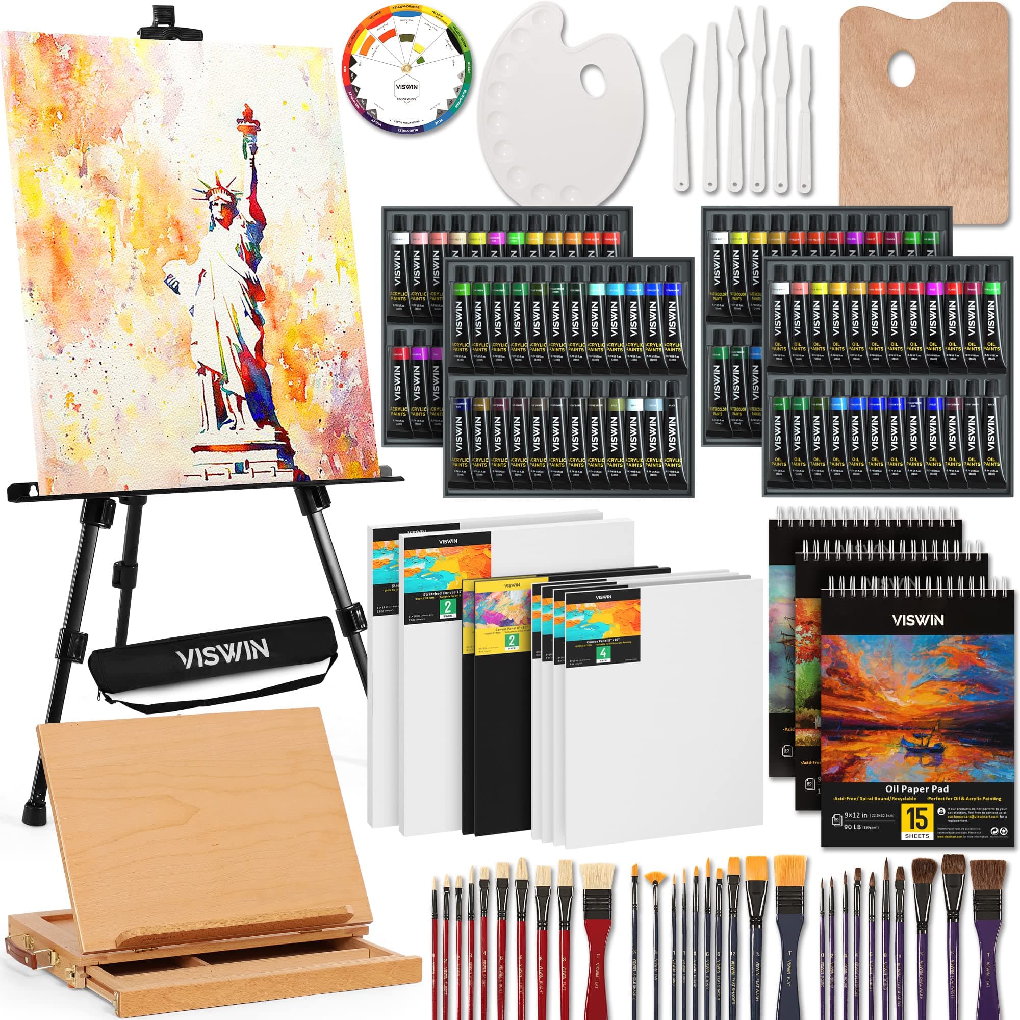 VISWIN Professional All-in-One Art Painting Kit with Aluminum & Beech Wood Easel, 96 Acrylic, Watercolor & Oil Paint Set, Canvas, Painting Set with Complete Art Supplies for Adults, Artists, Beginners