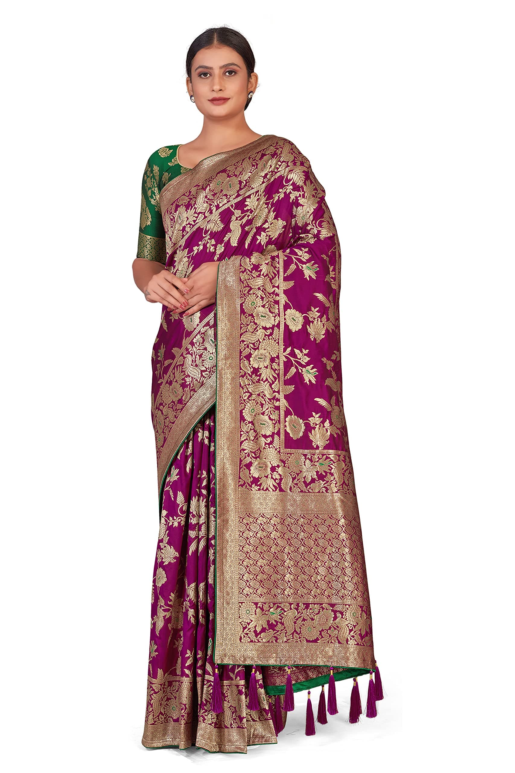 Monjolika FashionWomen's Banarasi Silk Blend Woven Zari With Tussles Saree and Jacquard Woven Blouse Piece