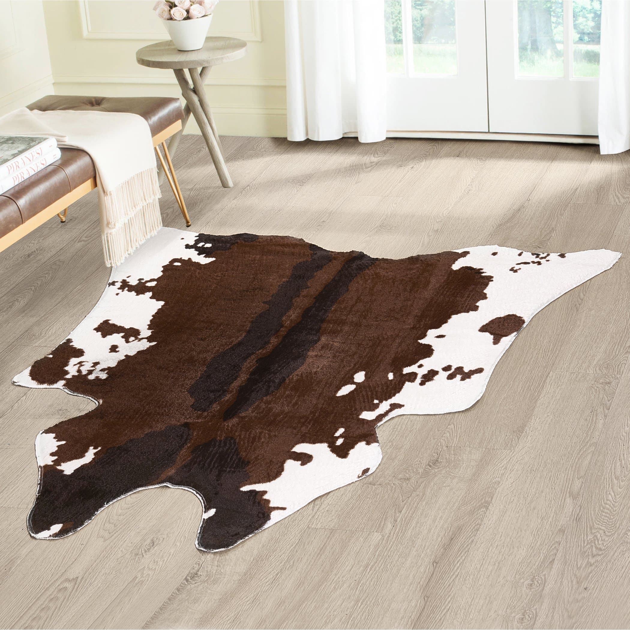 Cowhide Animal Print Area Rug – Measures 49" X 50", Faux Cowhide Print Carpet, Brown and Ivory, Beautiful for Your Home Decor, Cabin, Bedroom, Chalet, Living Room and More