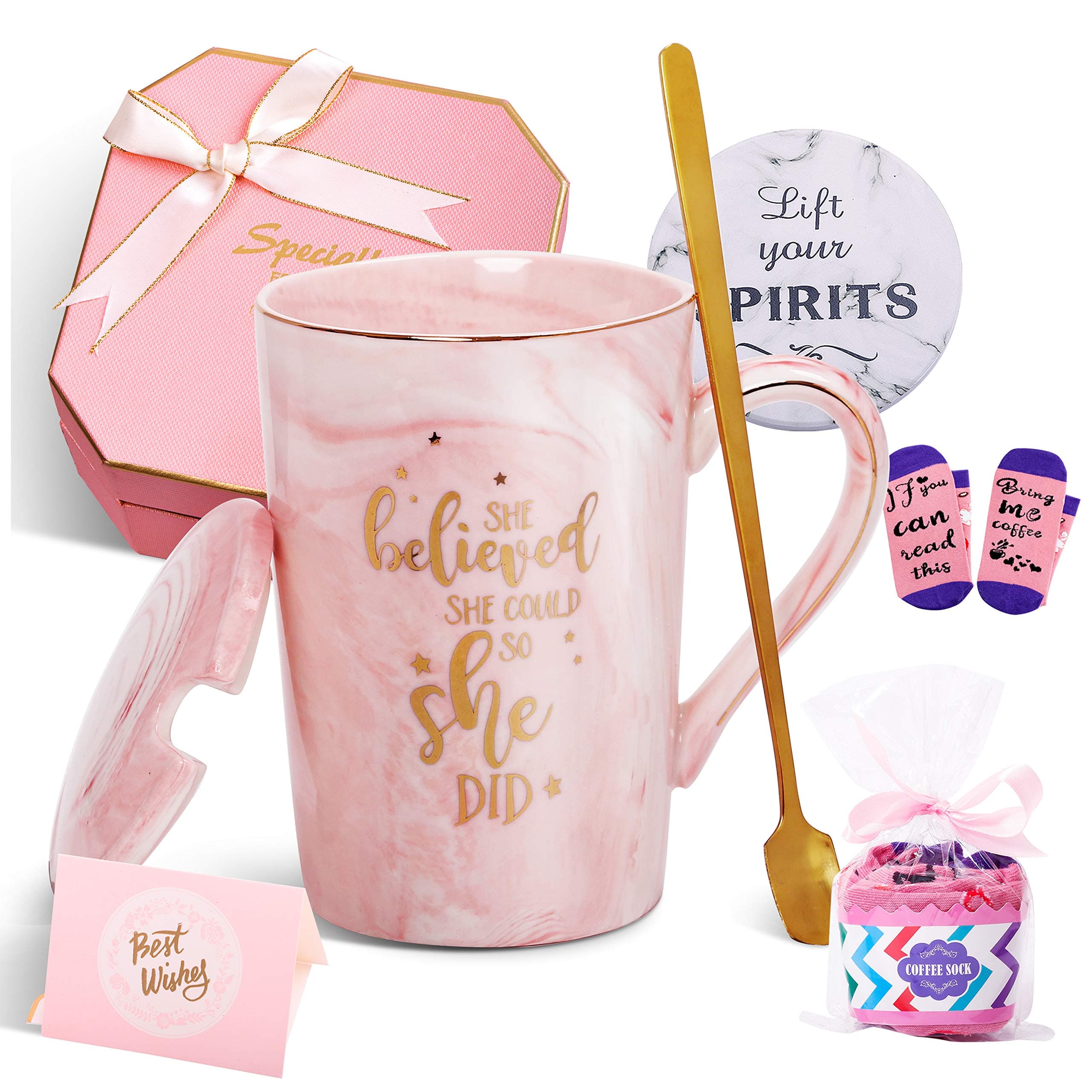 Jumway She Believed She Could So She Did Mug - Congratulations Gifts And Graduation Gifts for Her - Spiritual Inspiritional Gifts for Women,Going Away,Job Change,Birthday Gifts Pink Marble Mug 14 Oz