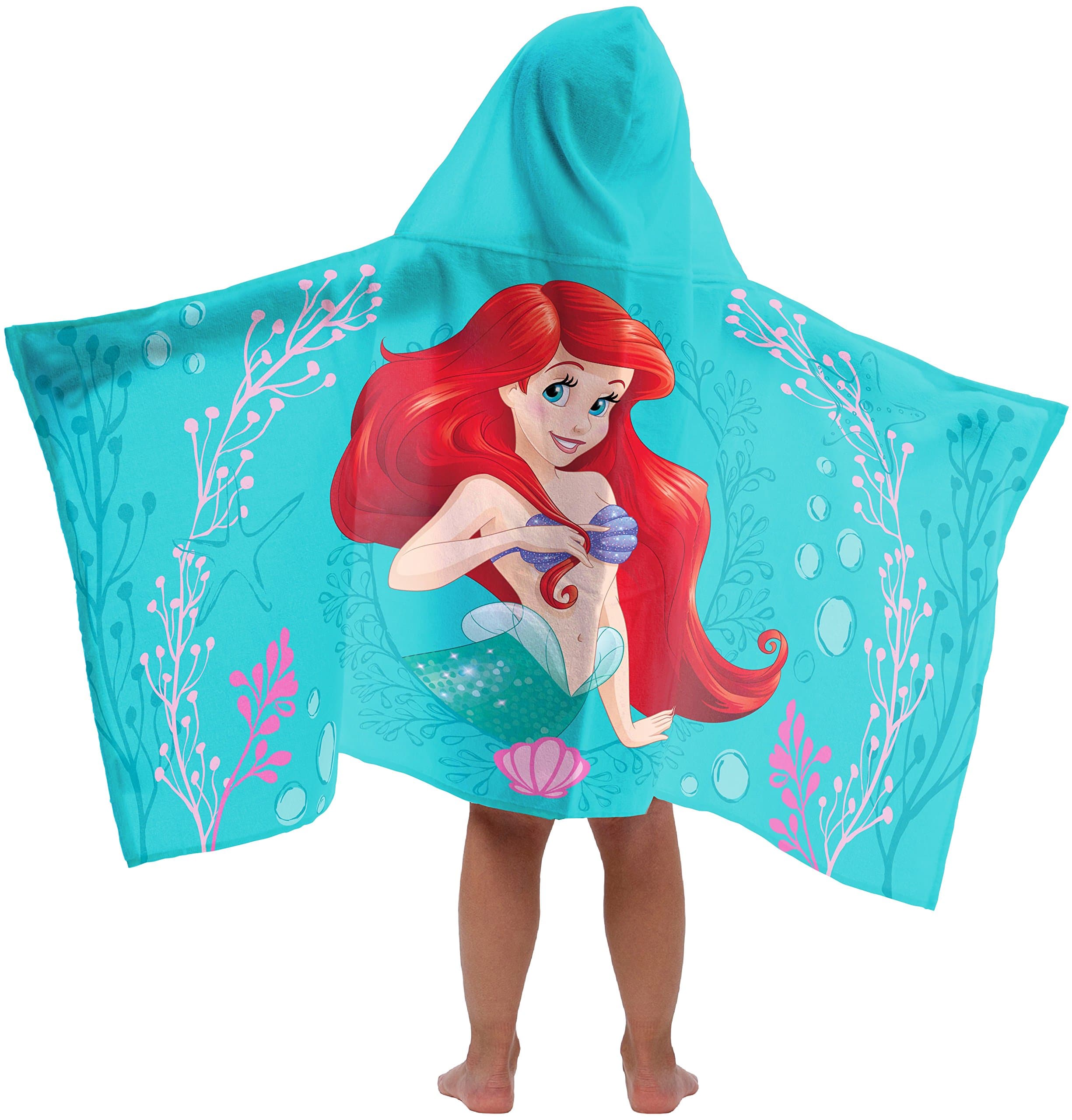 Jay Franco Disney Little Mermaid Kids Bath/Pool/Beach Hooded Towel - Featuring Ariel Super Soft & Absorbent Cotton Towel, Measures 22 inch x 51 inch (Official Disney Product)