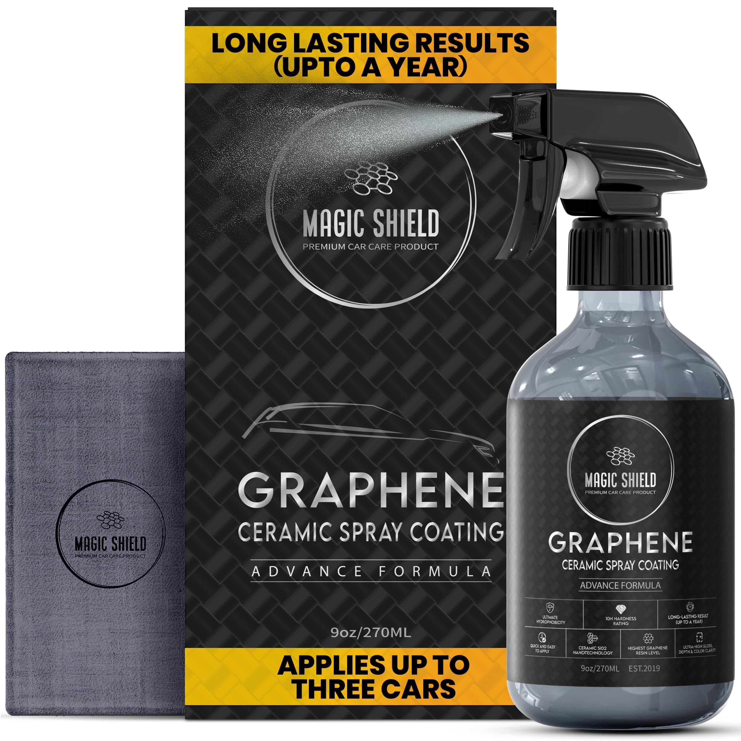 Magic Shield Graphene Ceramic Spray Coating - LAST SO LONG! Quick & Easy for Cars, Motorcycles, Boats & More - Professional-Grade Sealant for Maximum Gloss & Shine - Waterless Wash & Wax - 9oz Bottle