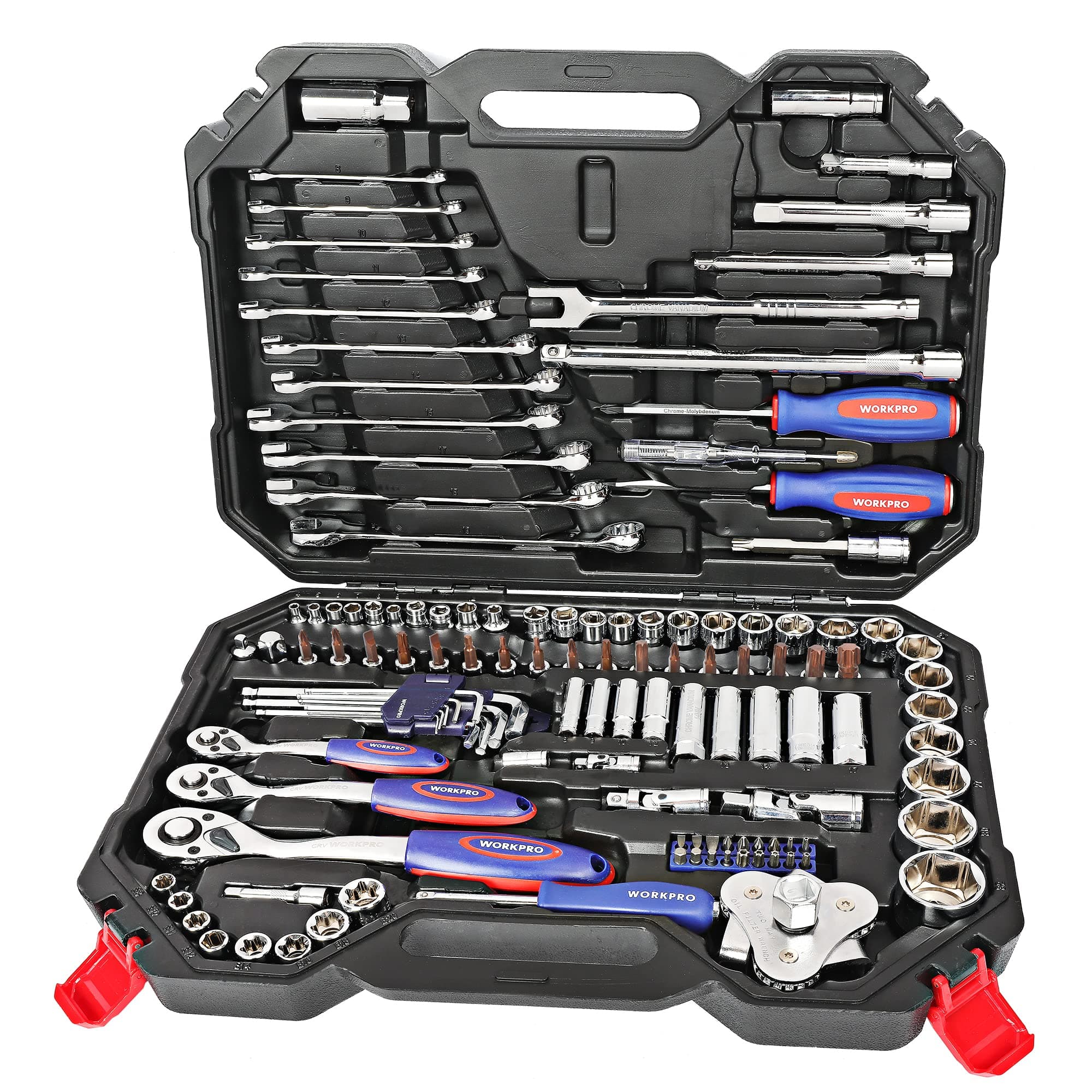 WORKPRO 123-Piece Drive Socket Set, 1/2", 1/4", 3/8" CR-V Mechanic Tool Set with Quick-Release Ratchet Wrench, Spanners, Bit Set, Hex Keys for Car and Home Repair