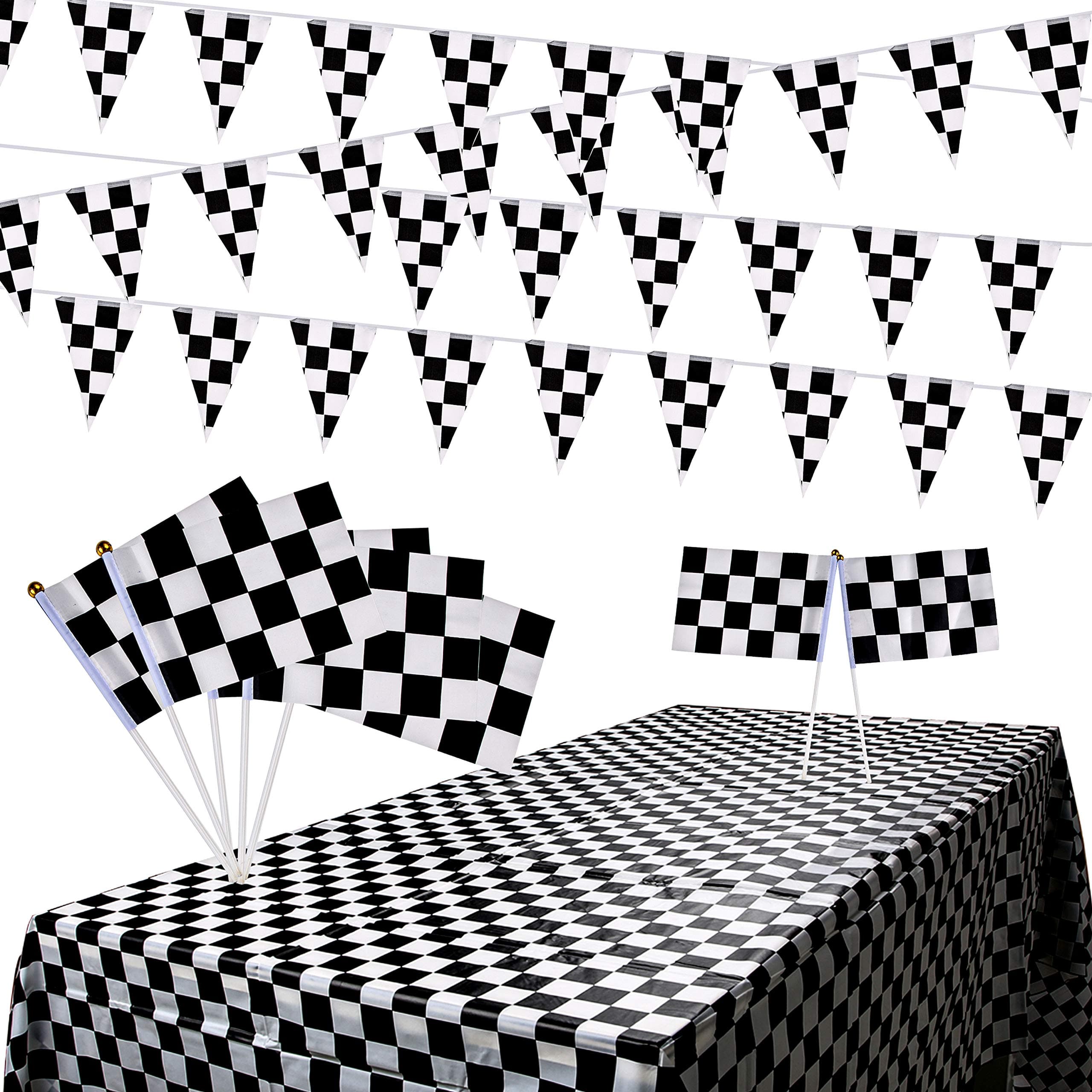 PROLOSO 13 Pack Racing Flag Set Checkered Black and White Pennant Banner Racing Flags Checkered Table Covers
