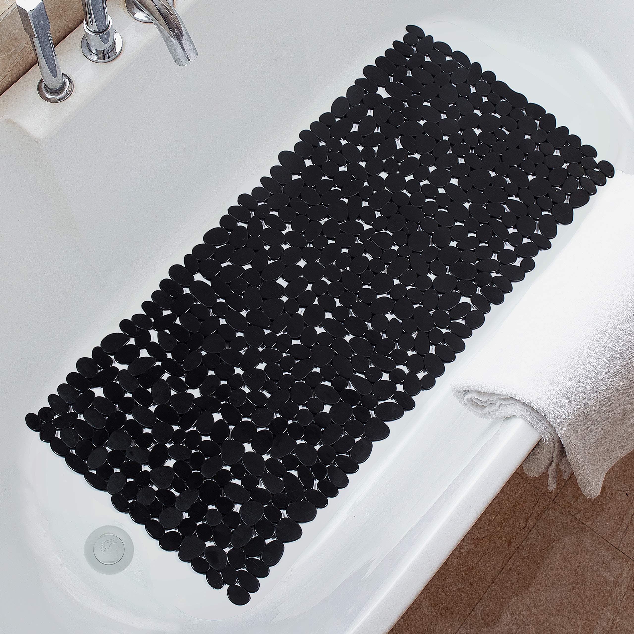 Pebble Bathtub Mat, 35 x 16 Inches Non Slip Bath Mat for Shower Tub with Drain Holes and Suction Cups, Machine Washable Bathroom Mats (Black)