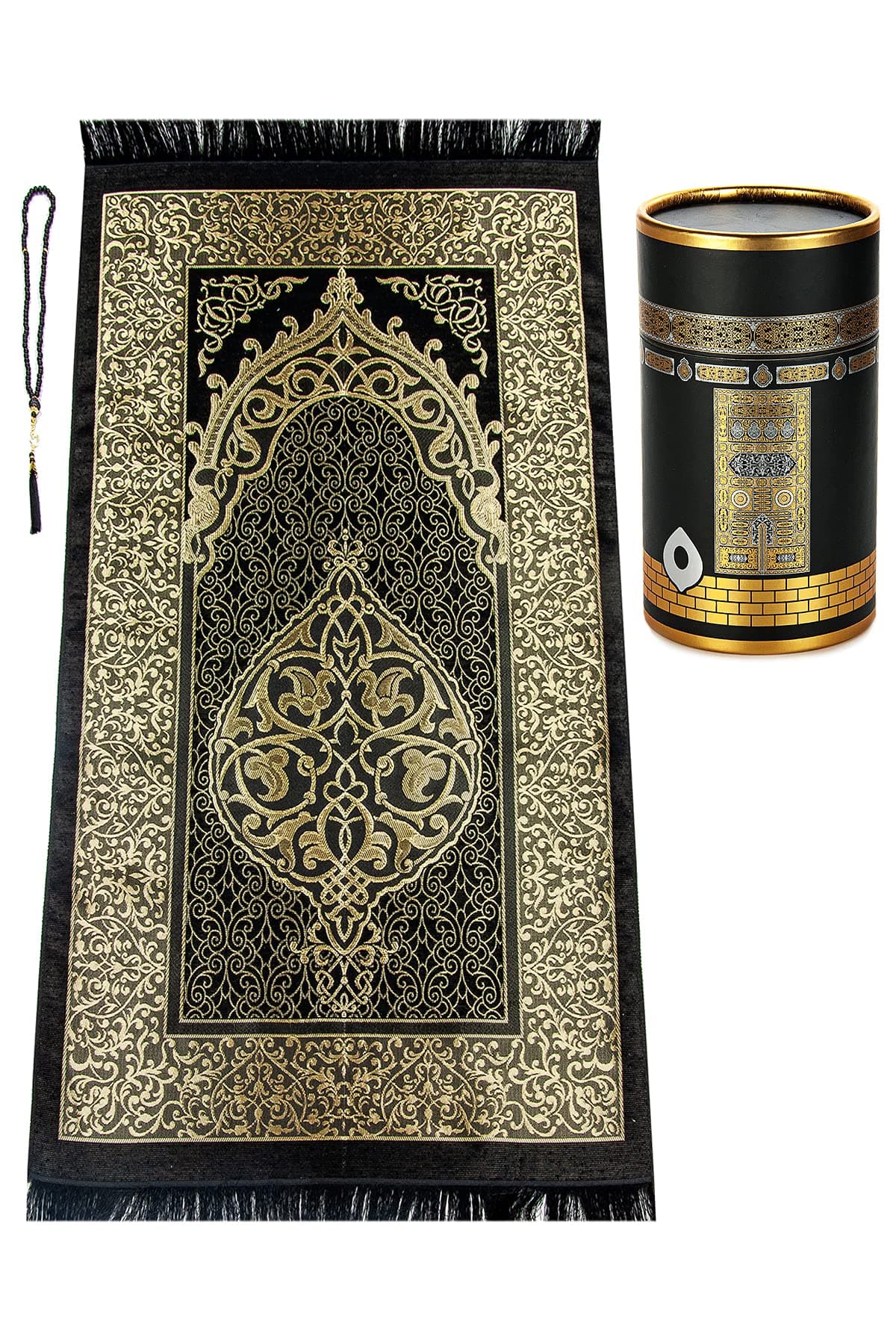 ihvan online Muslim Prayer Rug and Prayer Beads with Elegant Design Cylinder Gift Box | Janamaz | Sajadah | Soft Islamic Gifts Set | Carpet Mat, Taffeta Fabric, Black