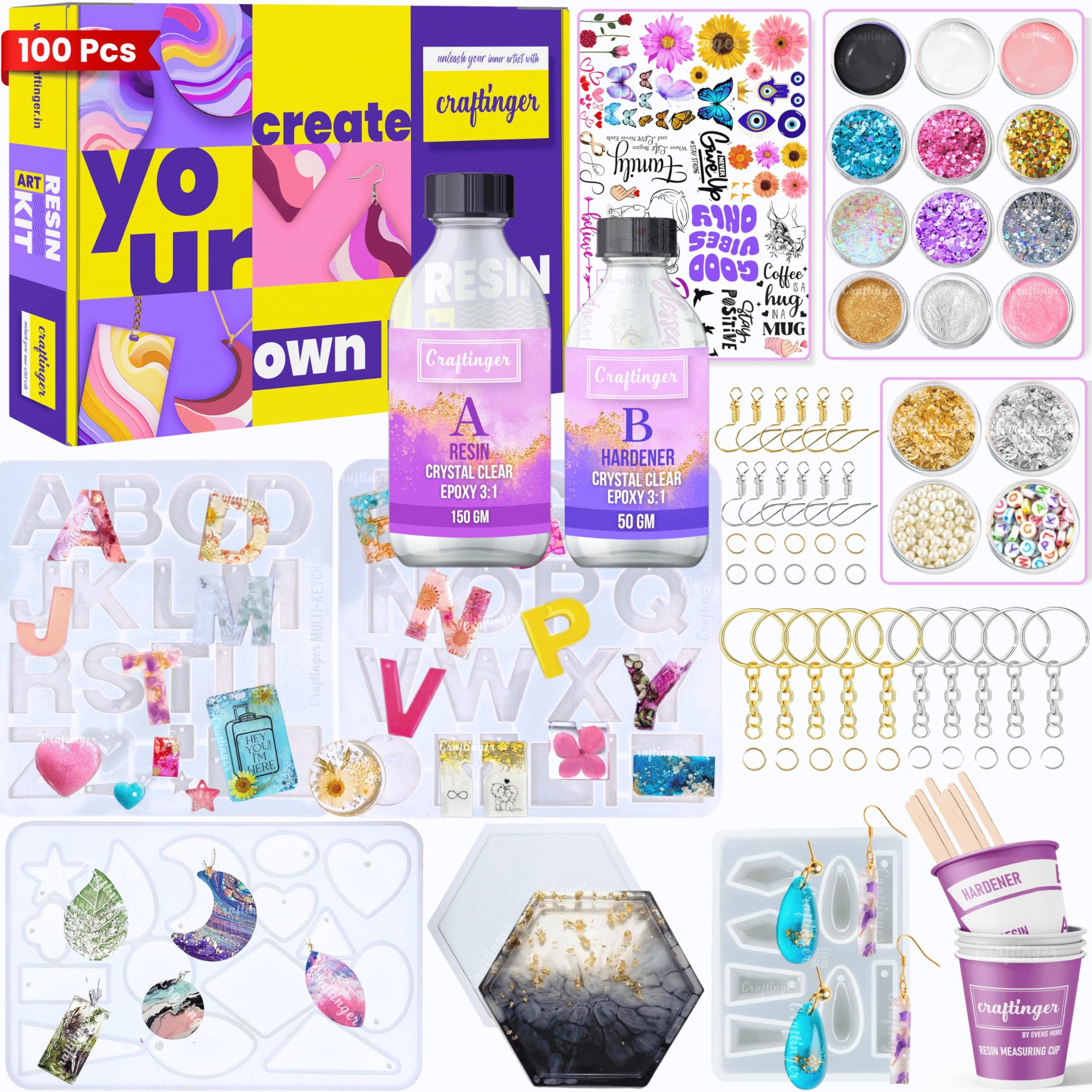 DIY 85 Pcs Pro Resin Art Kit with 200 Gm Resin and Coasters Alphabet Keychain Earring Making Kit with Pigment Glitter Mica and More, Multicolour