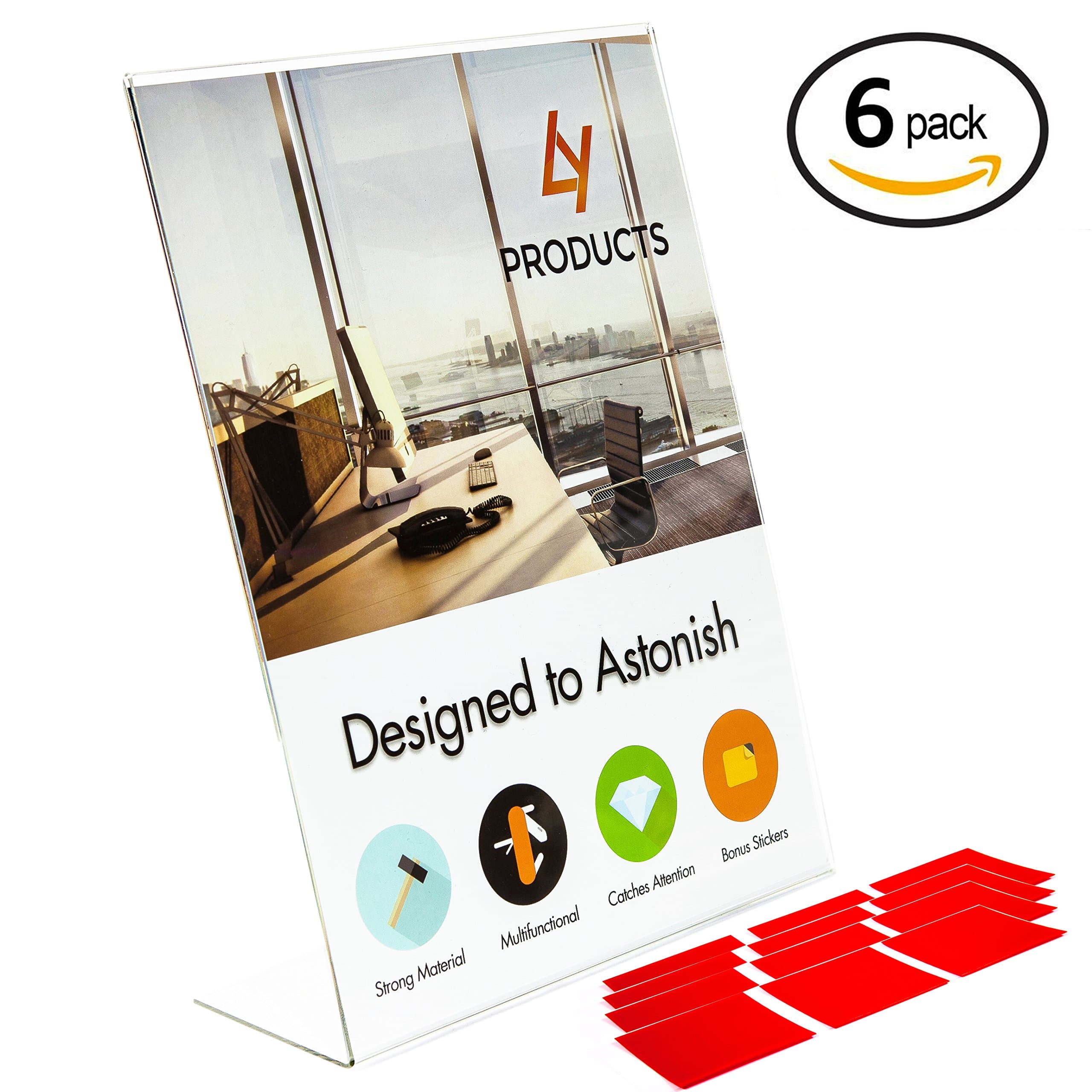 [6 Pack] Acrylic Sign Holders - 8.5" x 11" 2MM Thick Heavy Duty Material - Fall Free Includes 12 Free 3M Transparent Stickers - Crystal Clear - Perfect Even for displaying Outside - Ad Frame Signs