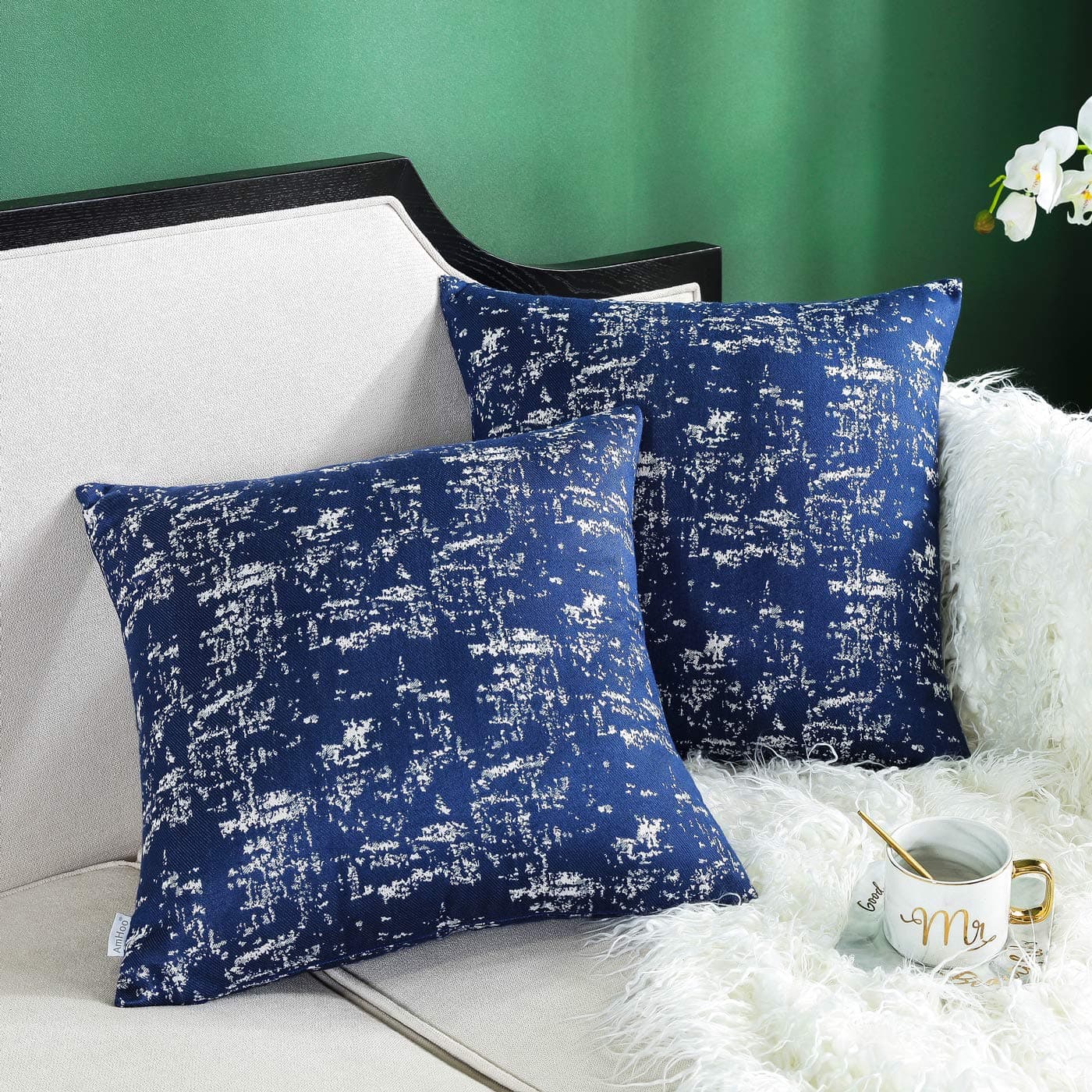 AmHoo Pack of 2 Abstract Textured Art Cotton Blend Throw Pillow Covers Double-Sided Jacquard Pillowcase Home Decorative Cushion Cover for Couch Sofa 20x20 Inch Navy Blue