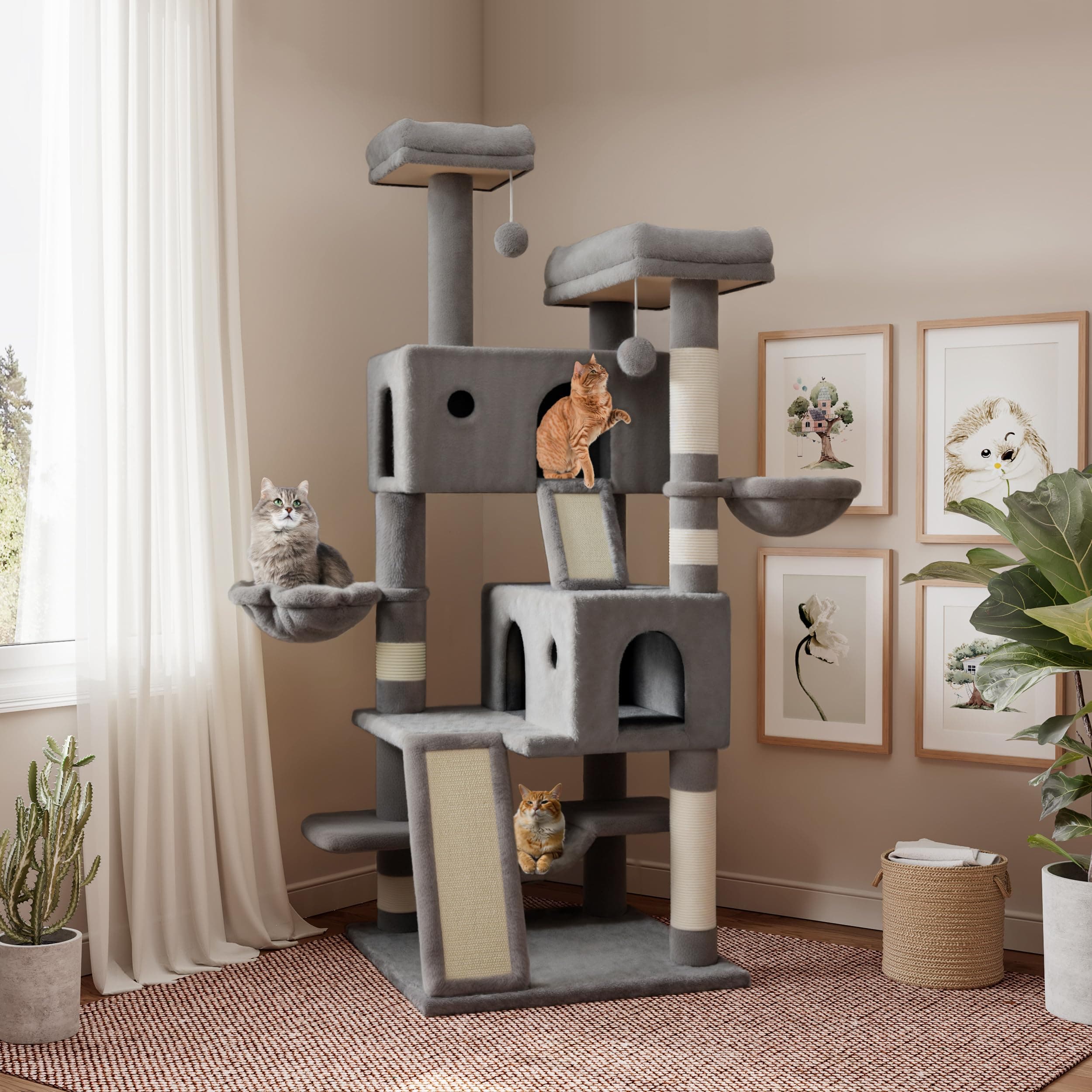 SHA CERLIN 65in Larger Cat Tree Tower Condo for Indoor Kitties/Multi-Level Furniture Activity Center with Wide Base/Cozy Plush Cat Perches/Baskets/Sisal Scratching Posts and Hammock/Grey