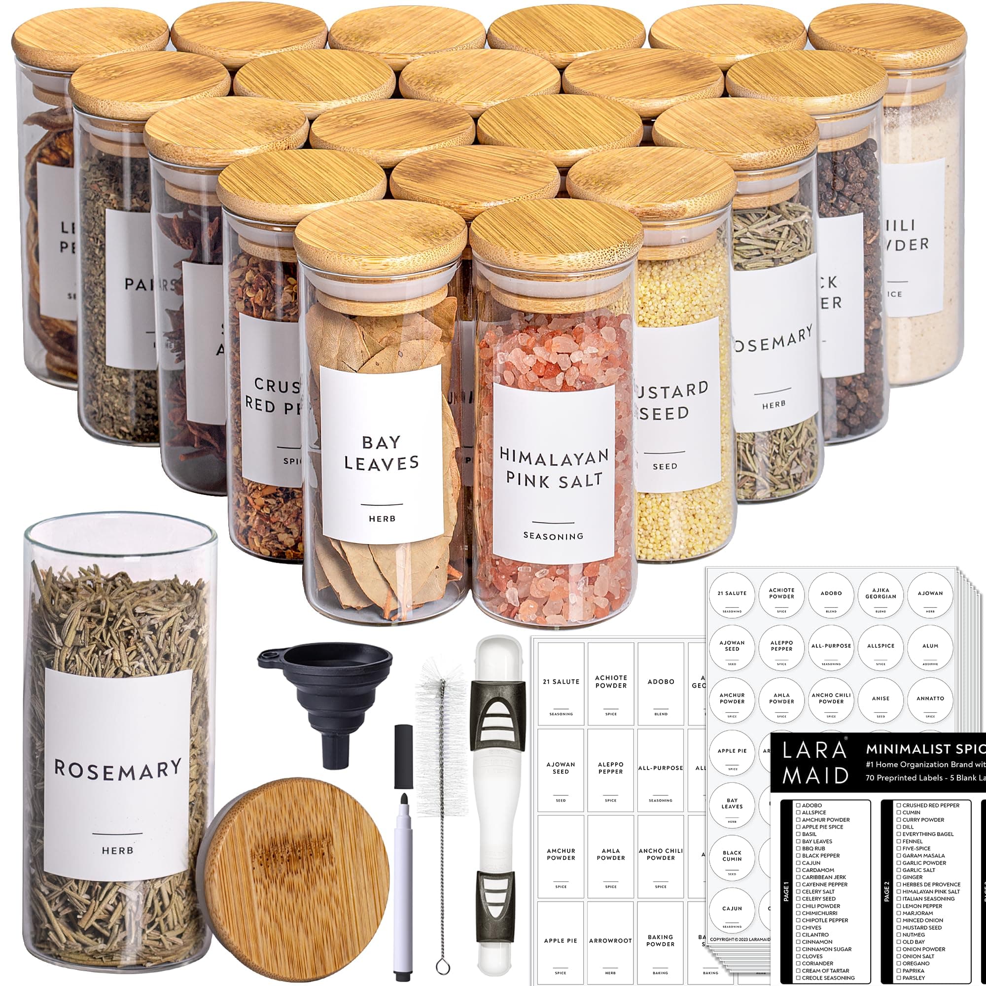 Laramaid 4oz 20Pack Spice Jars with Minimalist Spice Labels, Round Jar Canisters with Polished Bamboo Lids, Adjustable Measuring Spoon, Black Pen, Cleaning Brush & Collapsible Silicone Funnel