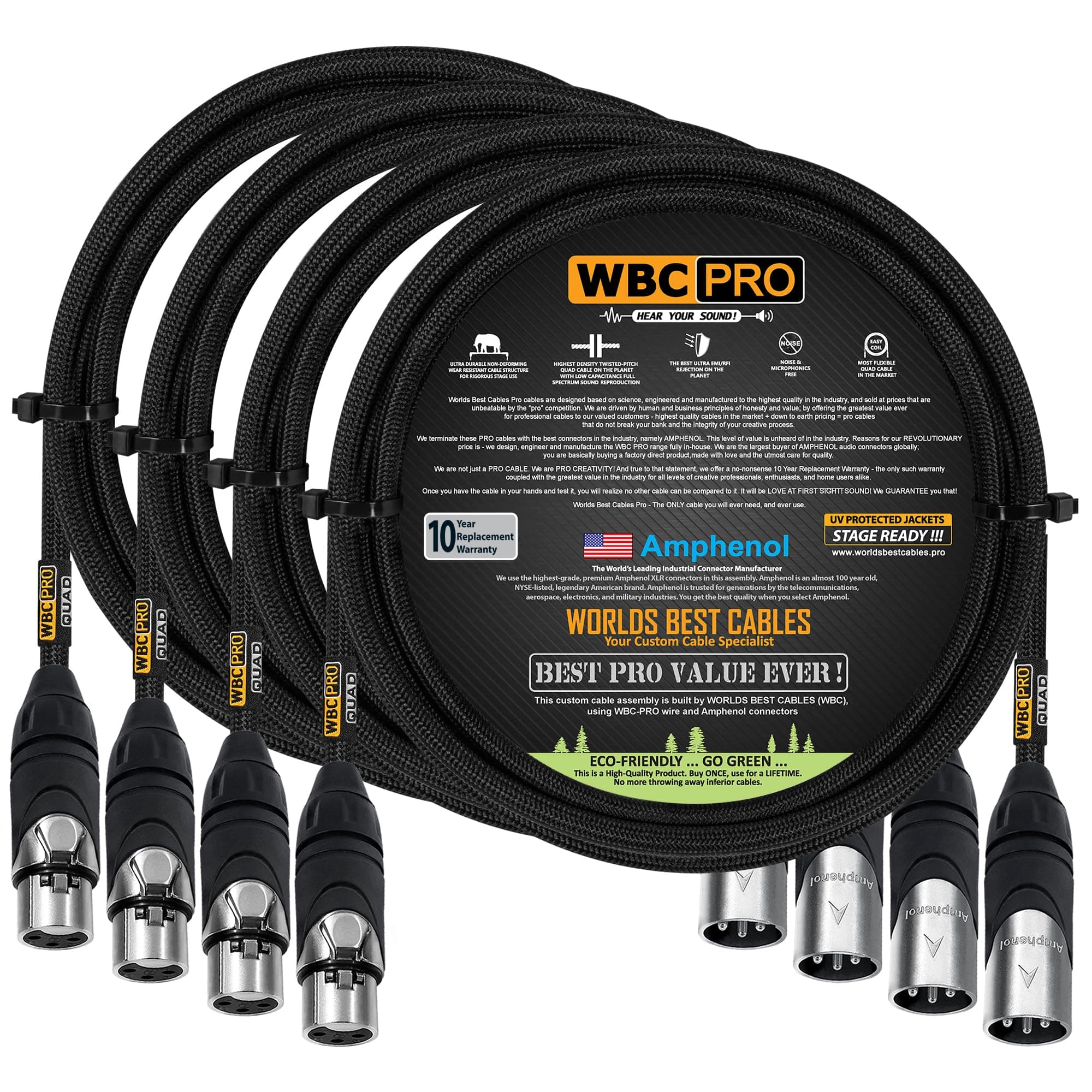 WORLDS BEST CABLES 4 Units - 3 Foot - WBC-PRO-QUAD Ultra-Silent Ultra-Flexible Balanced Star-Quad Microphone with Amphenol Male & Female XLR Plugs & Black Tweed Jacket