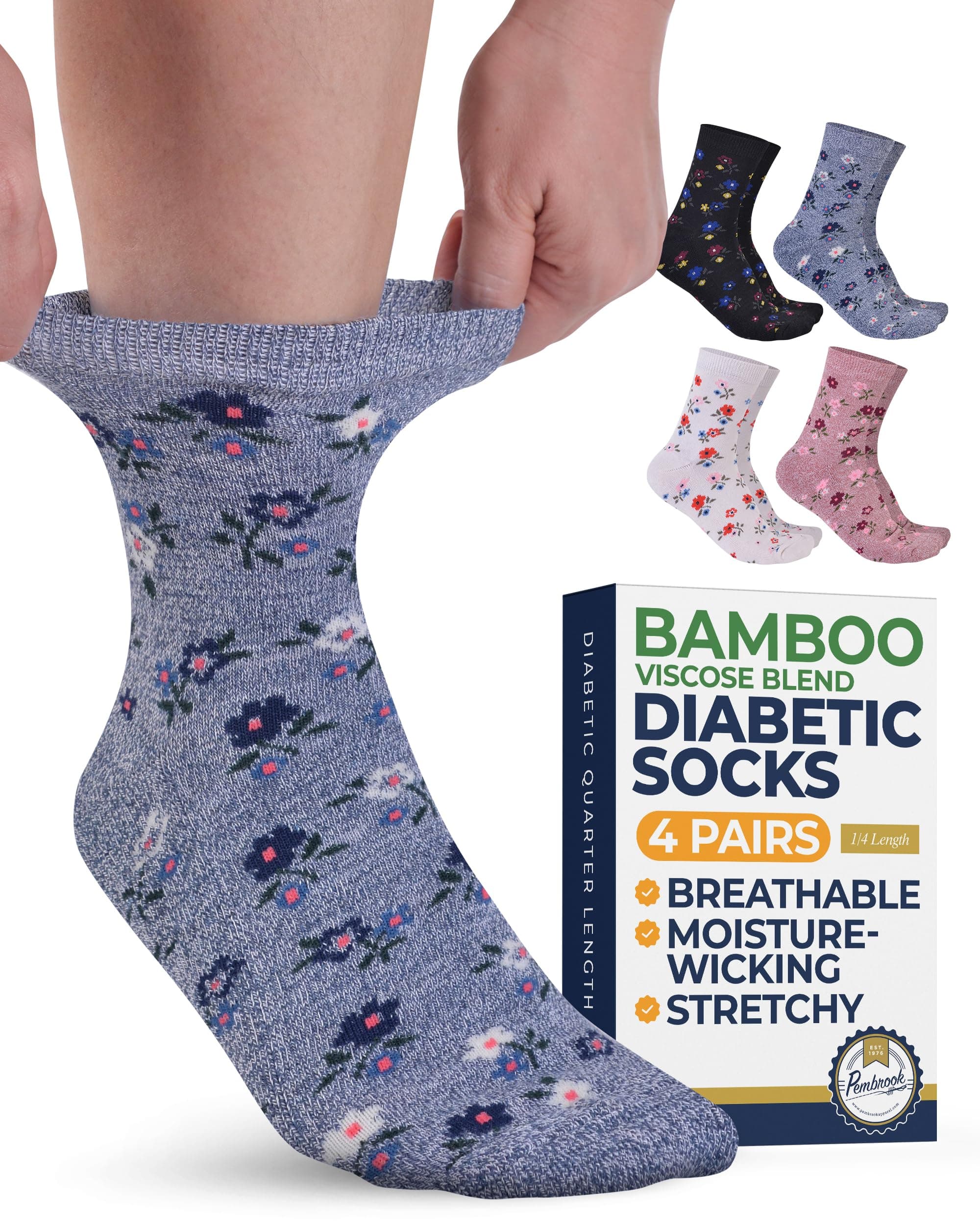Pembrook Ankle Diabetic Socks for Women & Men - 4 Pairs Flowers, Moisture-Wicking Non Binding Socks Women, Neuropathy and Edema, Stretchy Wide Top