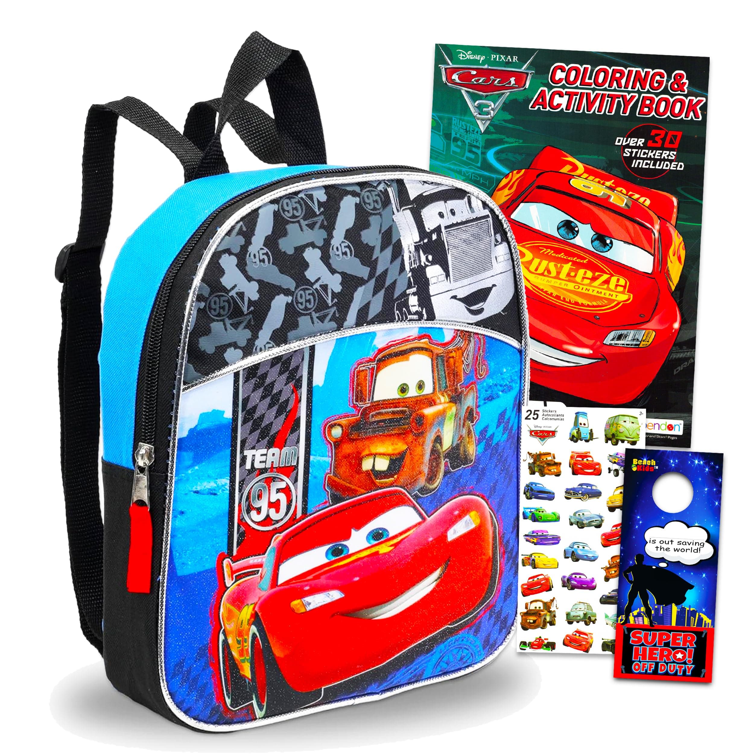 Disney Cars Backpack for Toddlers ~ Deluxe 11" Mini Cars Preschool Backpack for Kids Bundle with Cars Stickers, Coloring Book, and Beach Kids Door Hanger