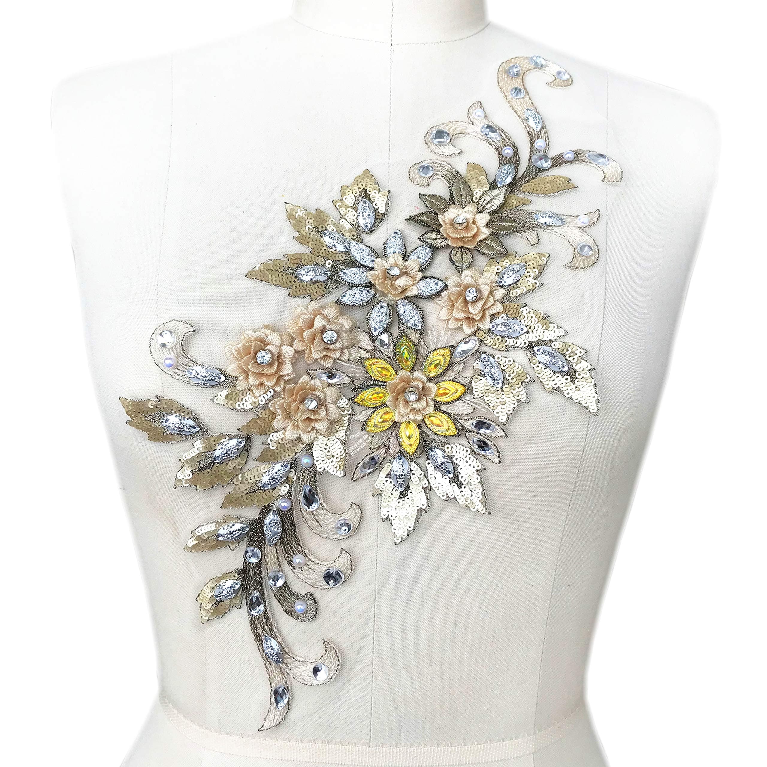 1938cm 3D Colorful Flower Mesh Embroidered Rhinestone Lace Beaded Applique with Sequins DIY Lace Fabric Trim for Clothes Accessories Hardware (Yellow)