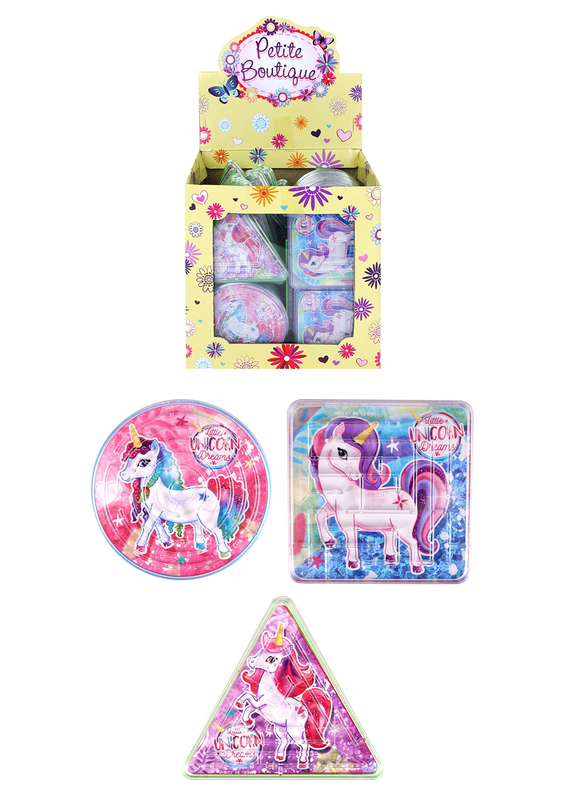 Petite Boutique UNICORN PUZZLE MAZE 3 ASSTD SHAPES CHILDREN'S PARTY BAG FILLERS/TOYS/FAVOURS (12 Puzzle Mazes)