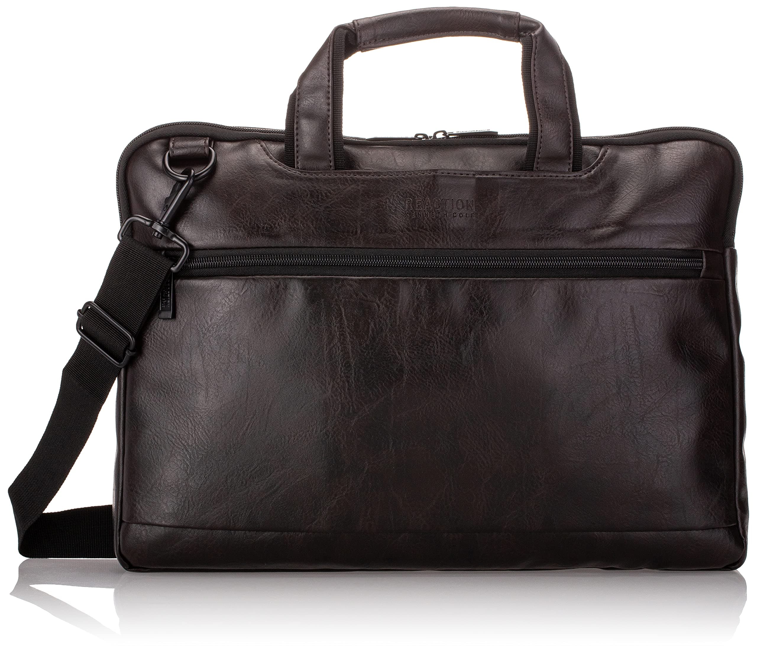 Kenneth Cole Reaction ProTec Pebbled Vegan Leather Slim 16" Laptop & Tablet Top Zip Business Briefcase Travel Bag, Brown
