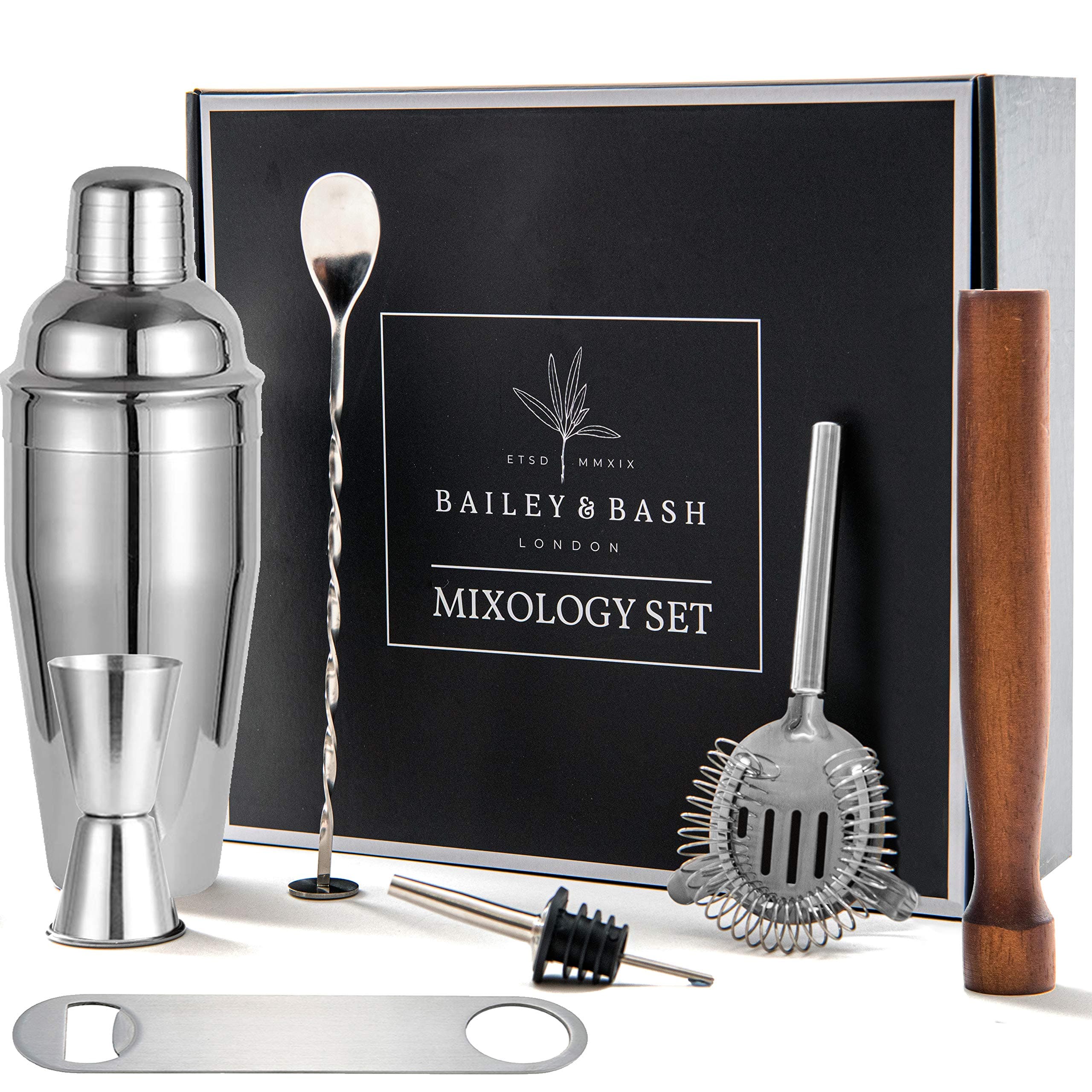 Bailey & Bash Cocktail Making Set: Mixology Kit Stainless Steel Manhattan Shaker, Muddler, Strainer, Bar Measure, Pourer, Spoon and Bottle Opener in Gift Box. Essentials for Bartending and Home bar.