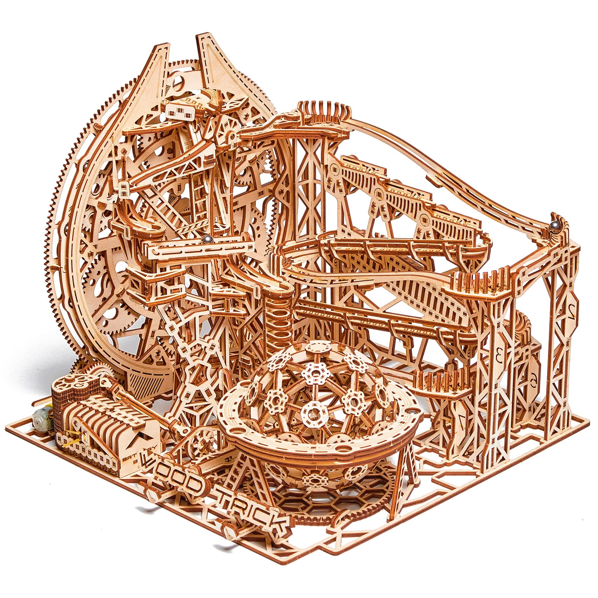 Wood Trick Wooden Marble Run Electric Motorized - 3D Wooden Puzzles for Adults to Build - 15x14 in - Roller Coaster Wooden Model Kits for Adults to Build