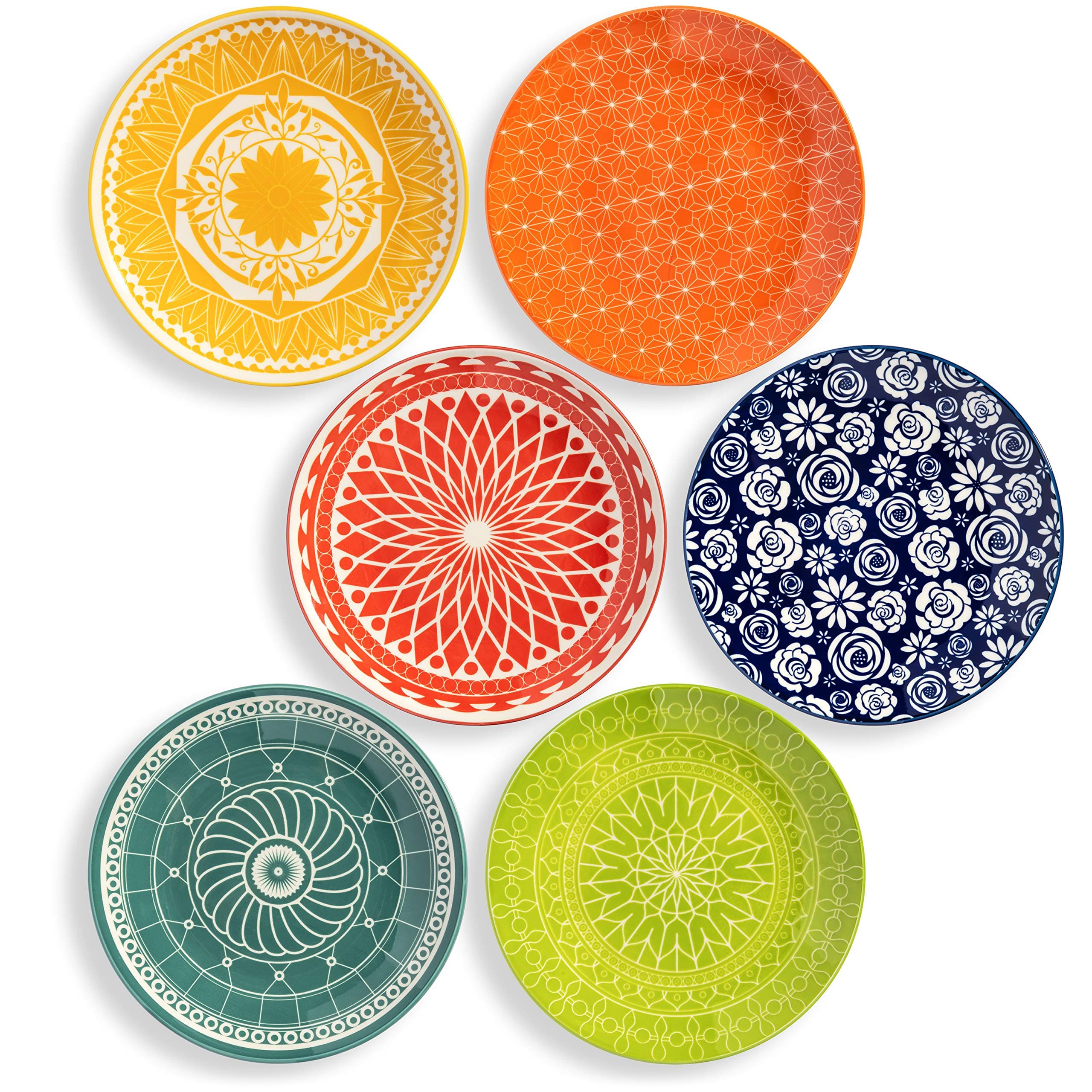 Annovero Salad Plates - Small Plate for Serving Appetizer, Lunch, Sandwich - Microwavable - Decorative Cute Colorful Porcelain Boho Dish Set for 6 - Zero Lead & Cadmium - 8.5 Inch Diameter