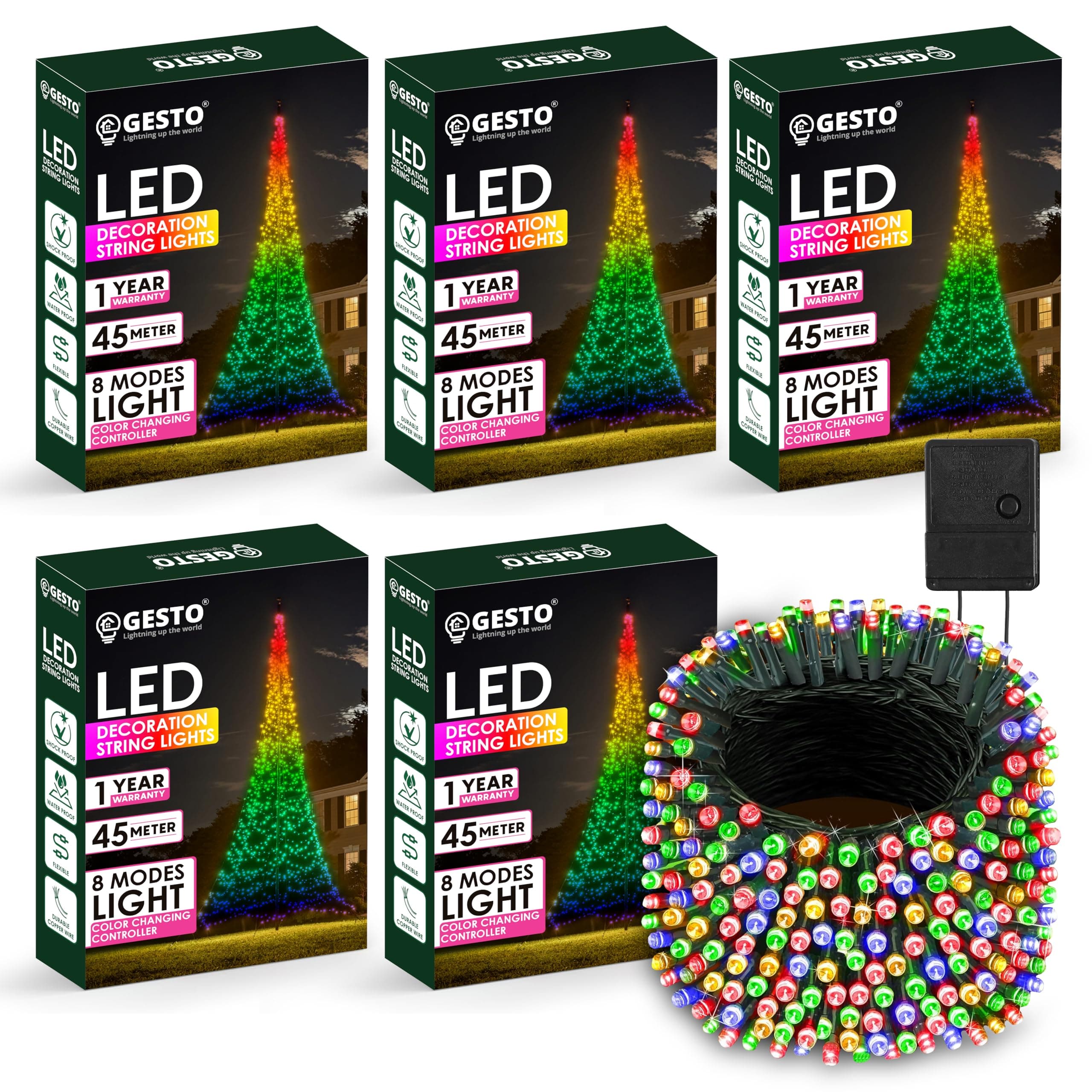 Gesto Multicolor Led Serial String Lights – 8 Modes Changing Controller, Waterproof Fairy Lights for Home, Christmas, Deepawali & Diwali Decoration Lights for Balcony Outdoor – (45 Meter | Pack of 5)