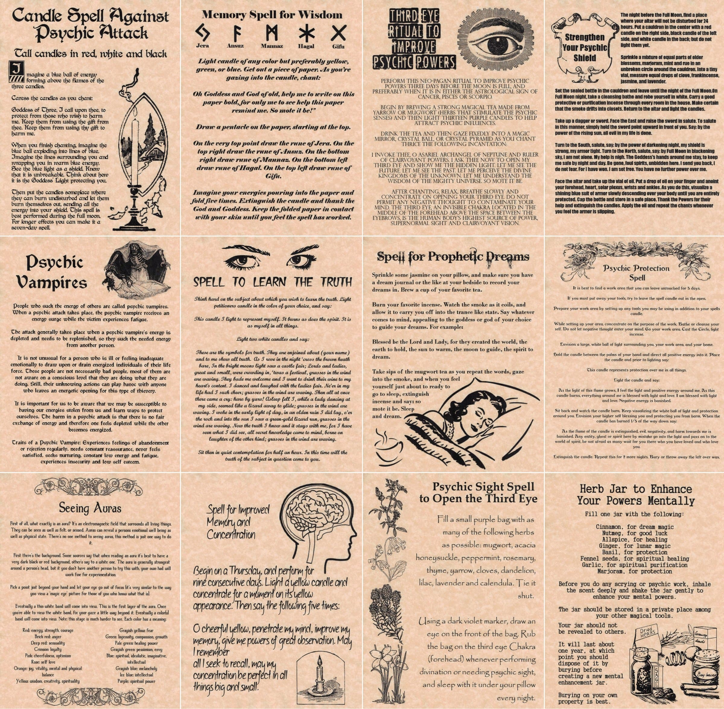 The Grimoire Book of Shadows Spell Pages, 12 Psychic Spells, Wicca, Witchcraft, Real Spells (Copper)