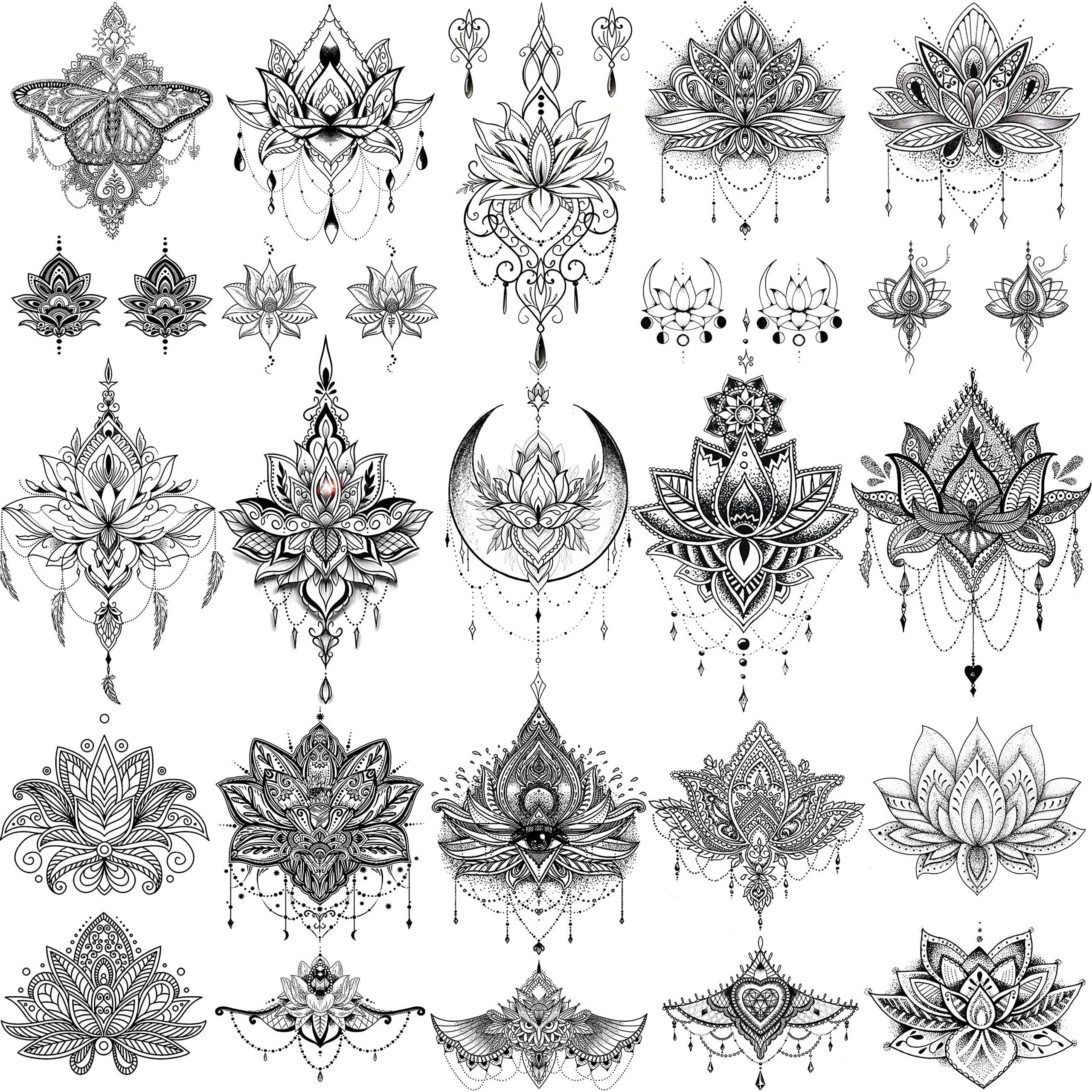 15 Sheets Sexy Black Lotus Temporary Tattoos For Women Wedding Brides, Tribal Fake Jewelry Pendant Lace Moon Moth Flowers Temp Tattoos Temporary Sticker For Girls Arm Neck Hand Tatoos Jewels